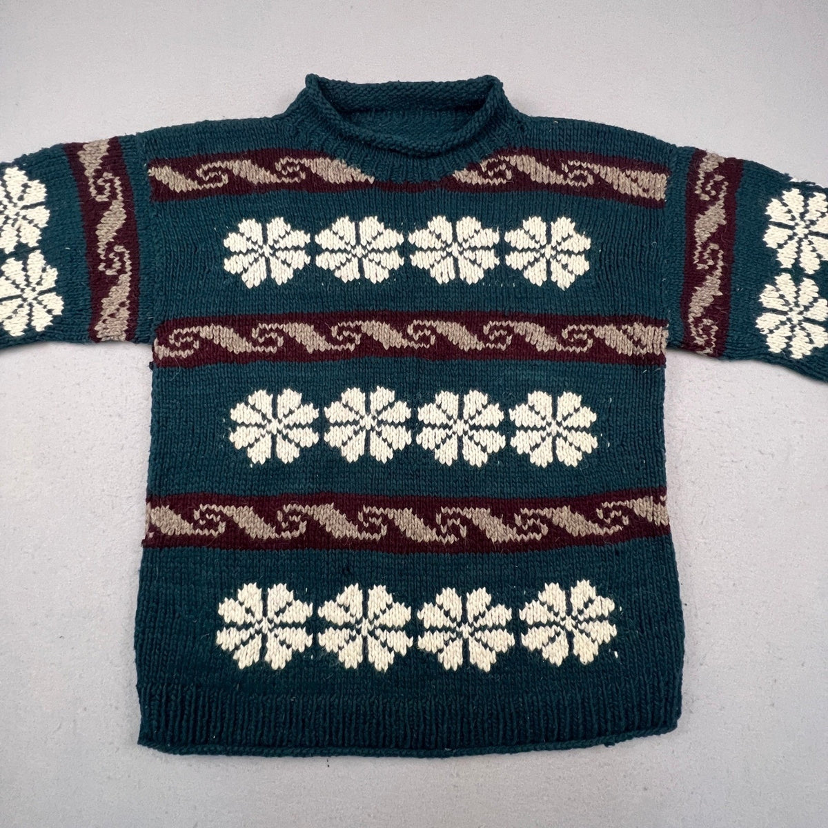 Hand Knit Nordic Snowflake Sweater Mens XL Teal Wool Blend Fair Isle Cabin Core