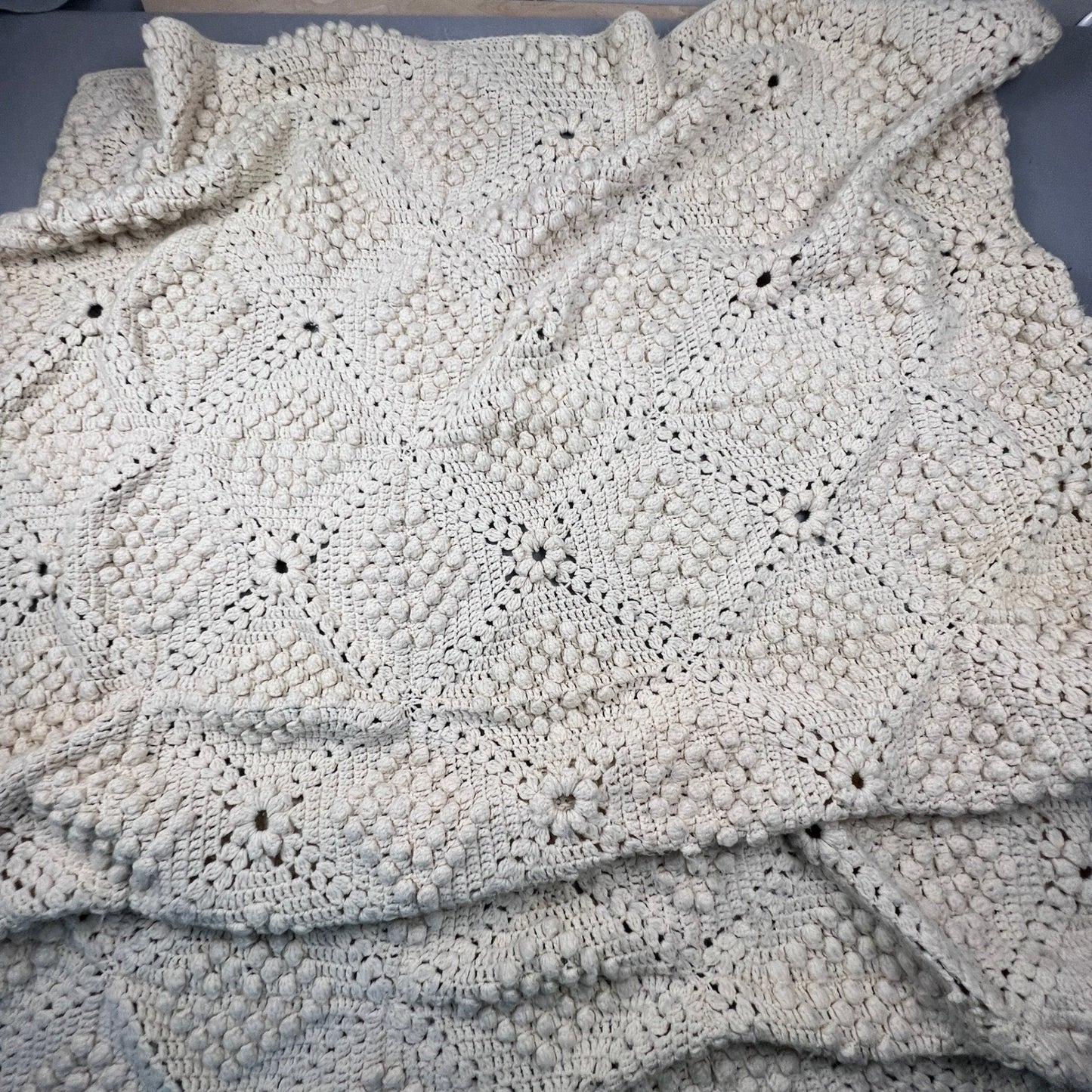 Handmade Crochet Popcorn Stitch Afghan Blanket 72x58 Cream Boho Farmhouse VTG