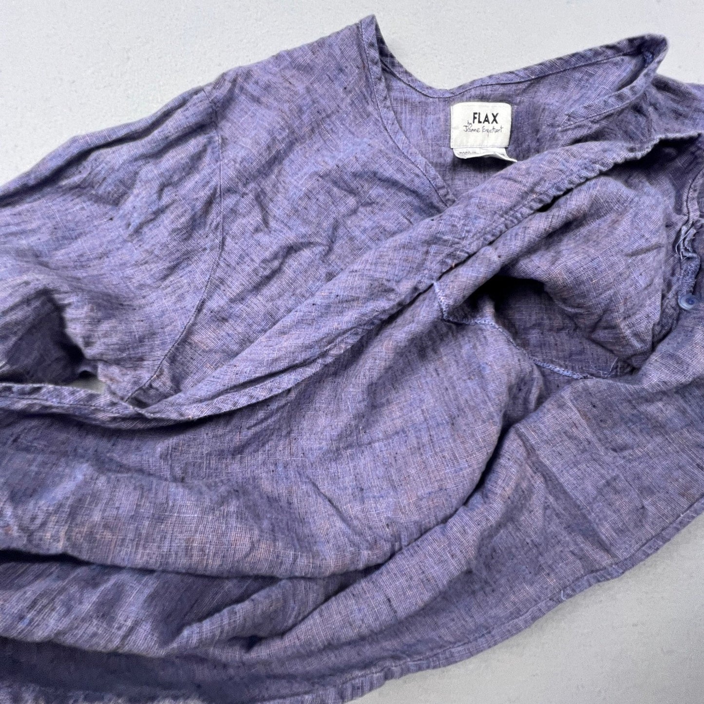 FLAX Linen Tunic Top Womens Large Purple Faux Wrap V-Neck Lagenlook Coastal Boho