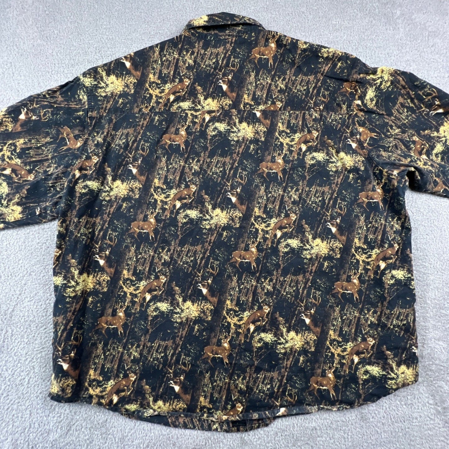 Mens XXL Deer Forest Print Cotton Button Down Shirt Hunting Brown Buckhorn River
