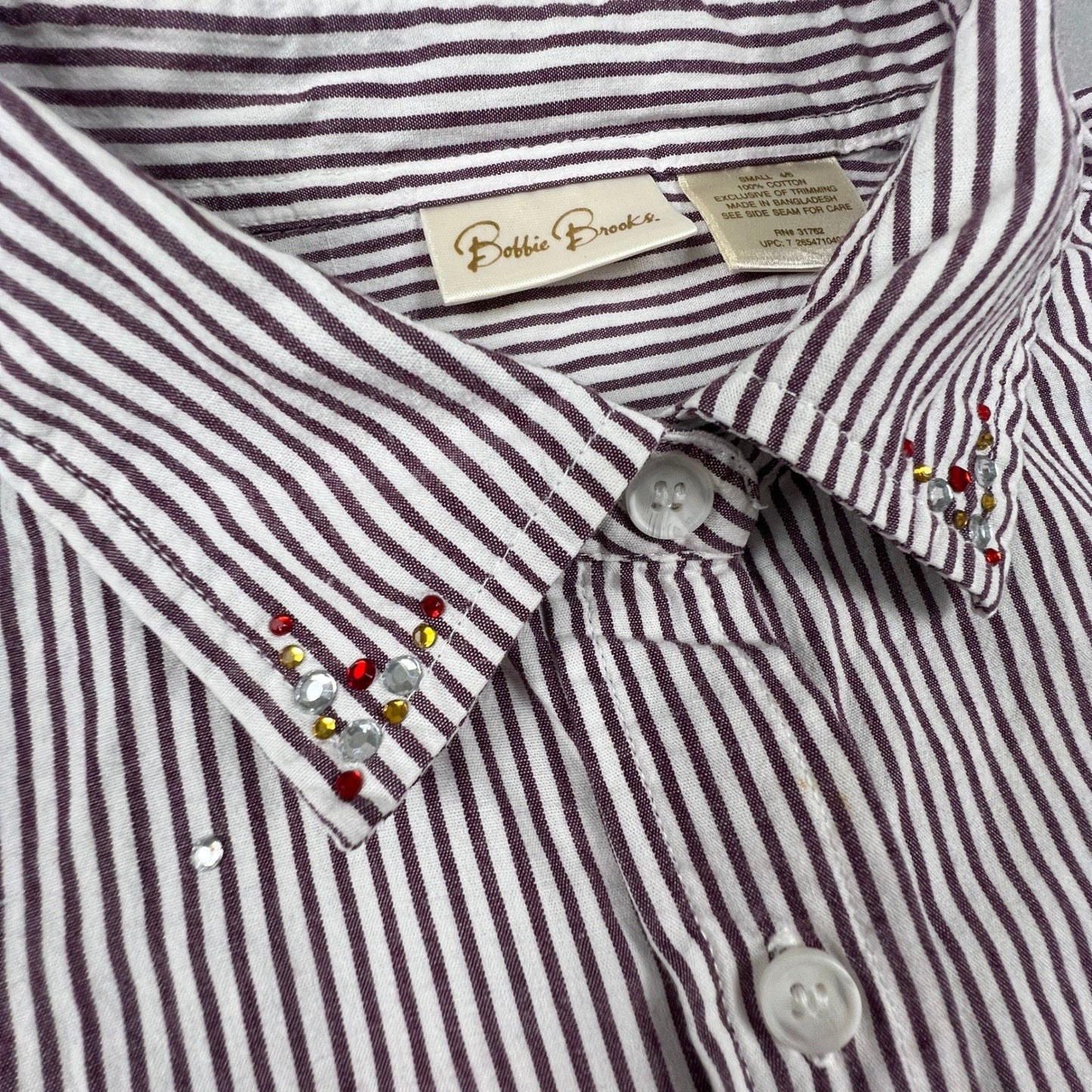 Bobbie Brooks Button Up Shirt Womens Small Purple Stripe Shoe Applique Blouse