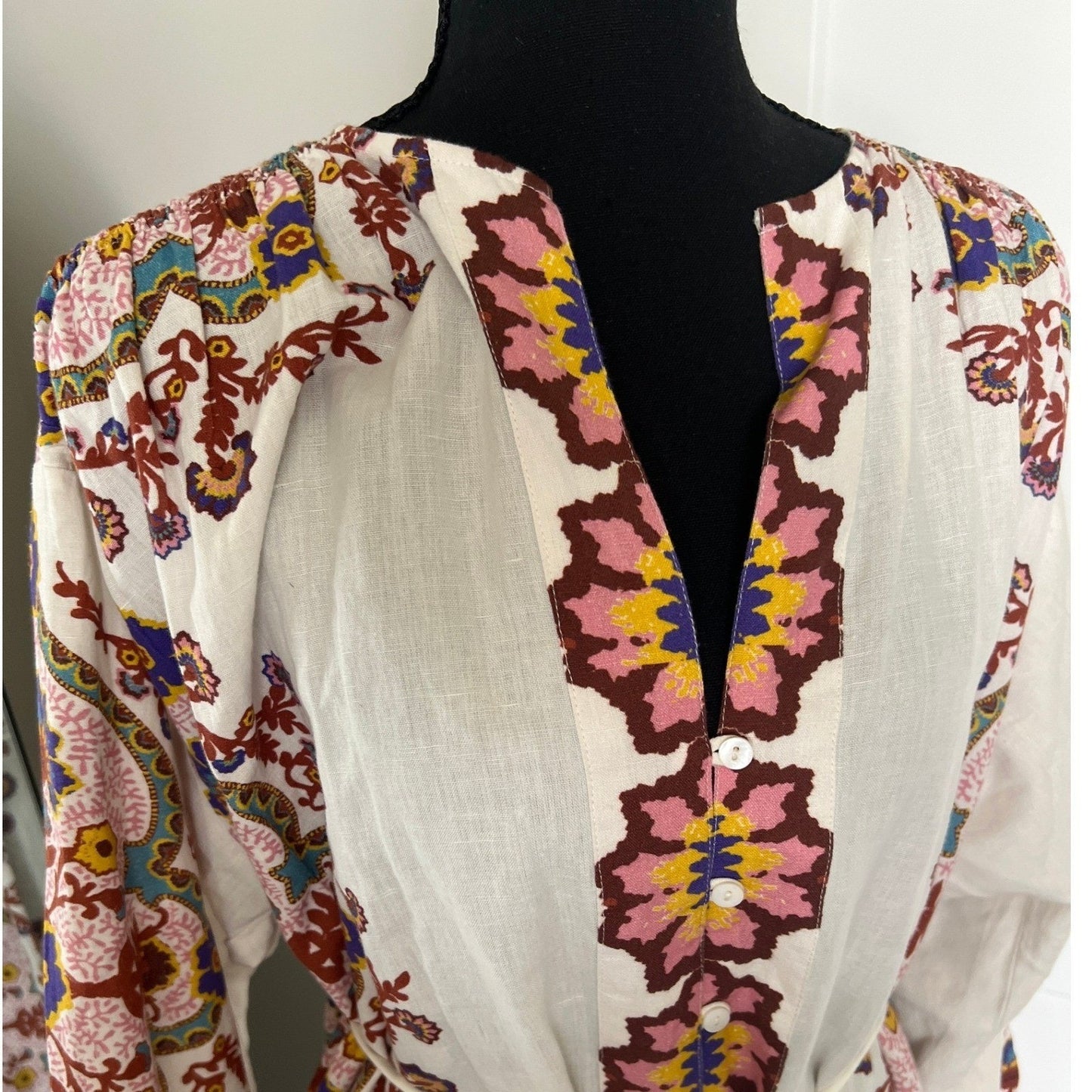 Cleobella Maxi Dress Womens Small White Floral Paisley Cotton Linen Boho Belted