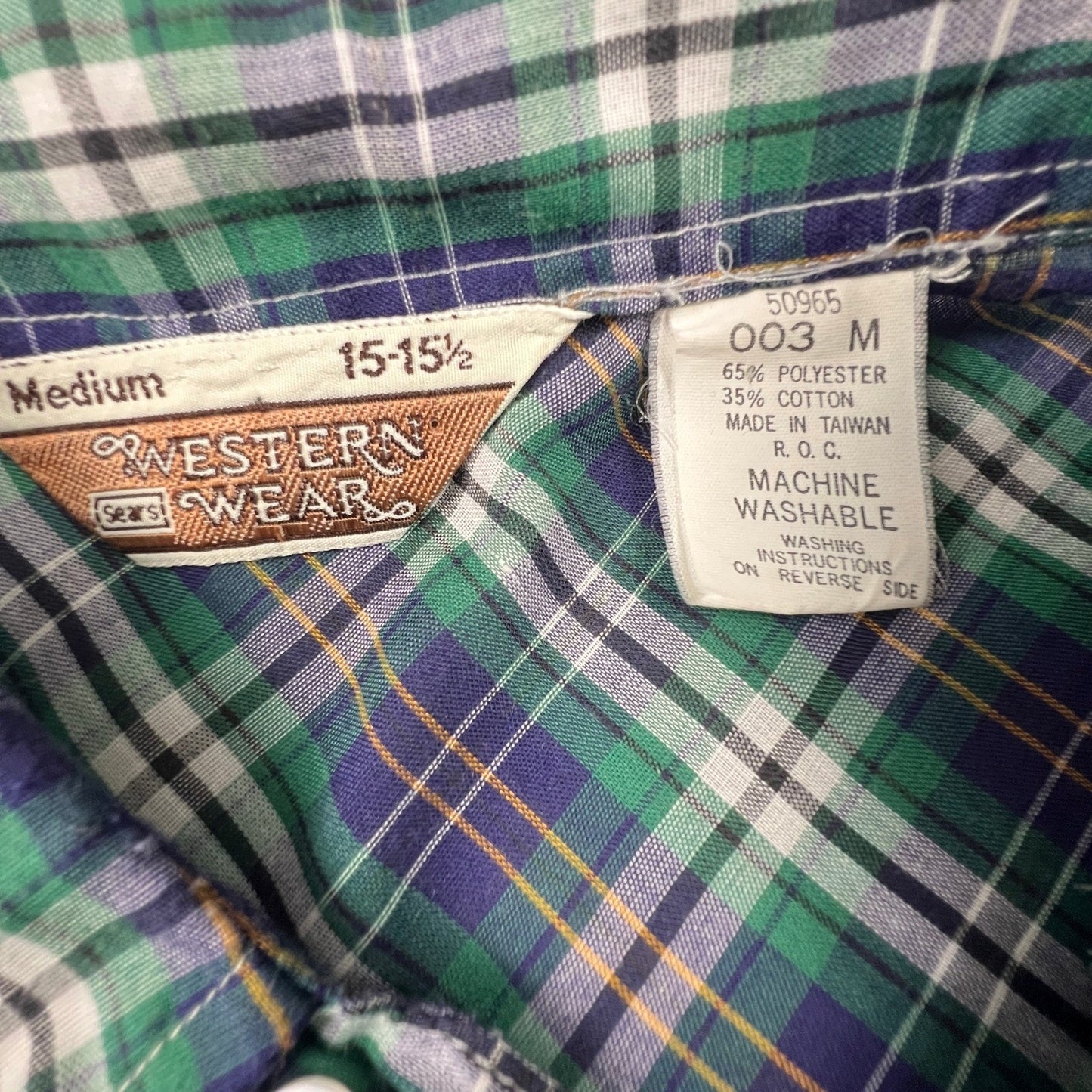Sears Western Wear Pearl Snap Shirt Mens Medium Green Plaid Vintage Cowboy Yoke