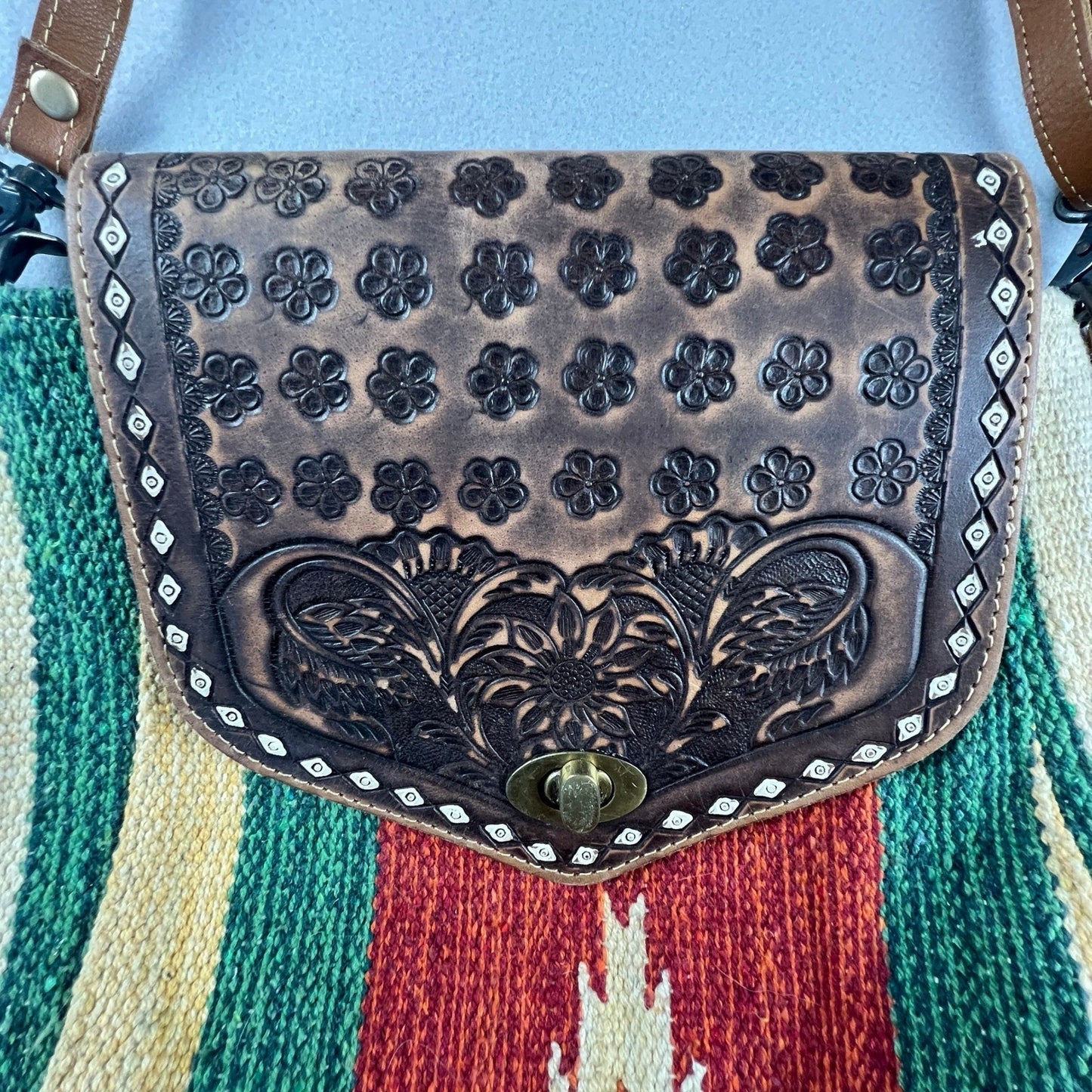 Myra Bag Western Crossbody Tooled Leather Canvas Aztec Boho Shoulder Bag