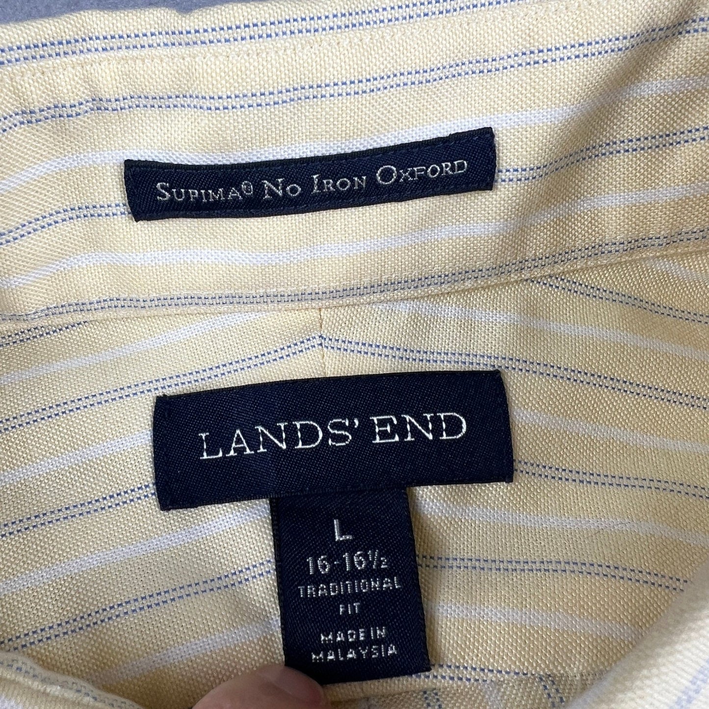 Lands' End Button Down Shirt Mens L 16-16.5 Yellow Stripe Supima No Iron Oxford