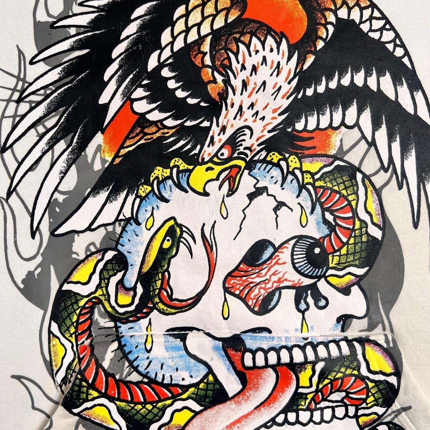 Y2K Ed Hardy Hoodie Eagle Skull Snake Flames Mens Size Medium White Sweatshirt