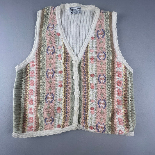 VTG Gina Peters Sweater Vest Womens L Floral Knit Buttons Cottagecore Gramma