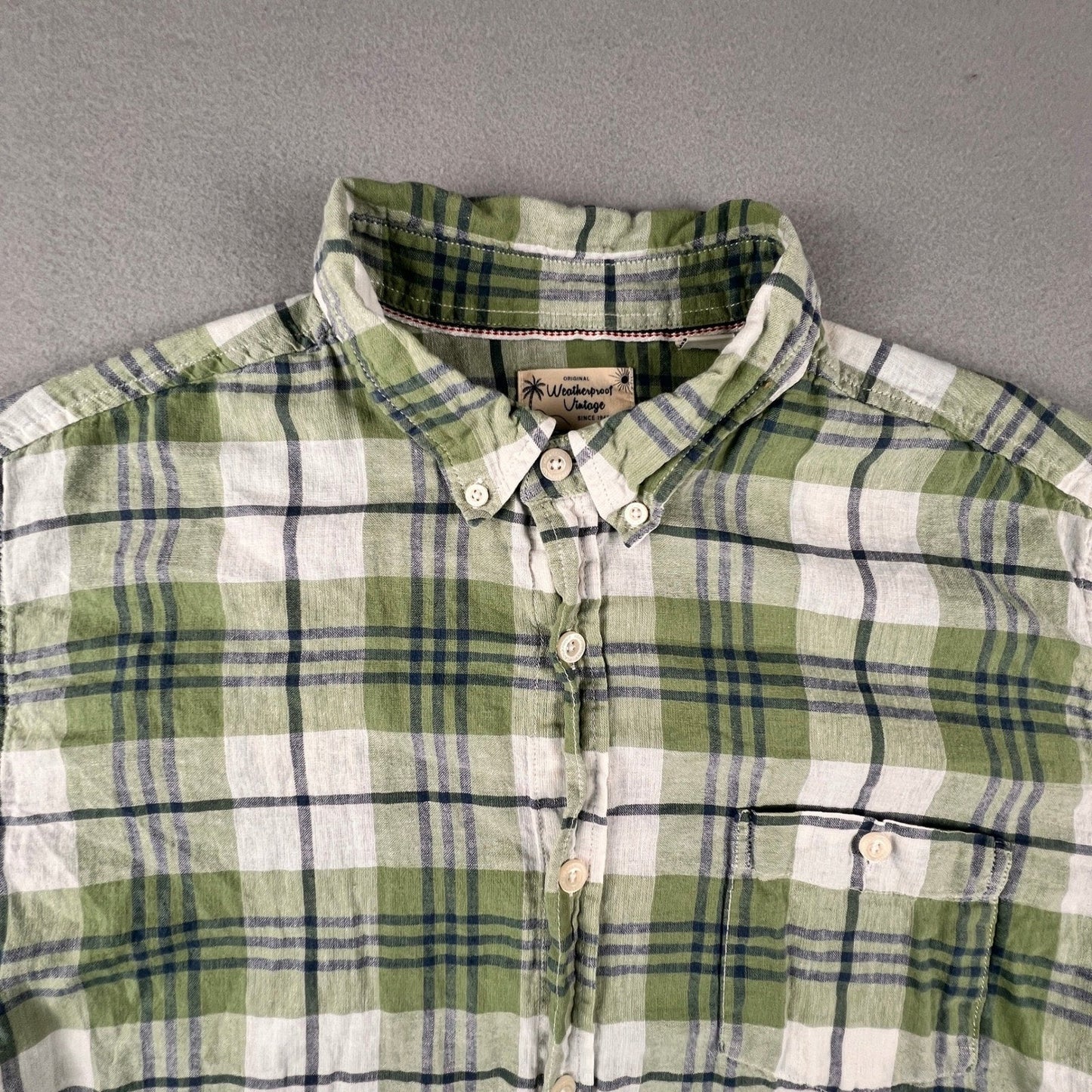 Weatherproof Vintage Plaid Shirt Mens XL Green Linen Blend Short Sleeve Casual