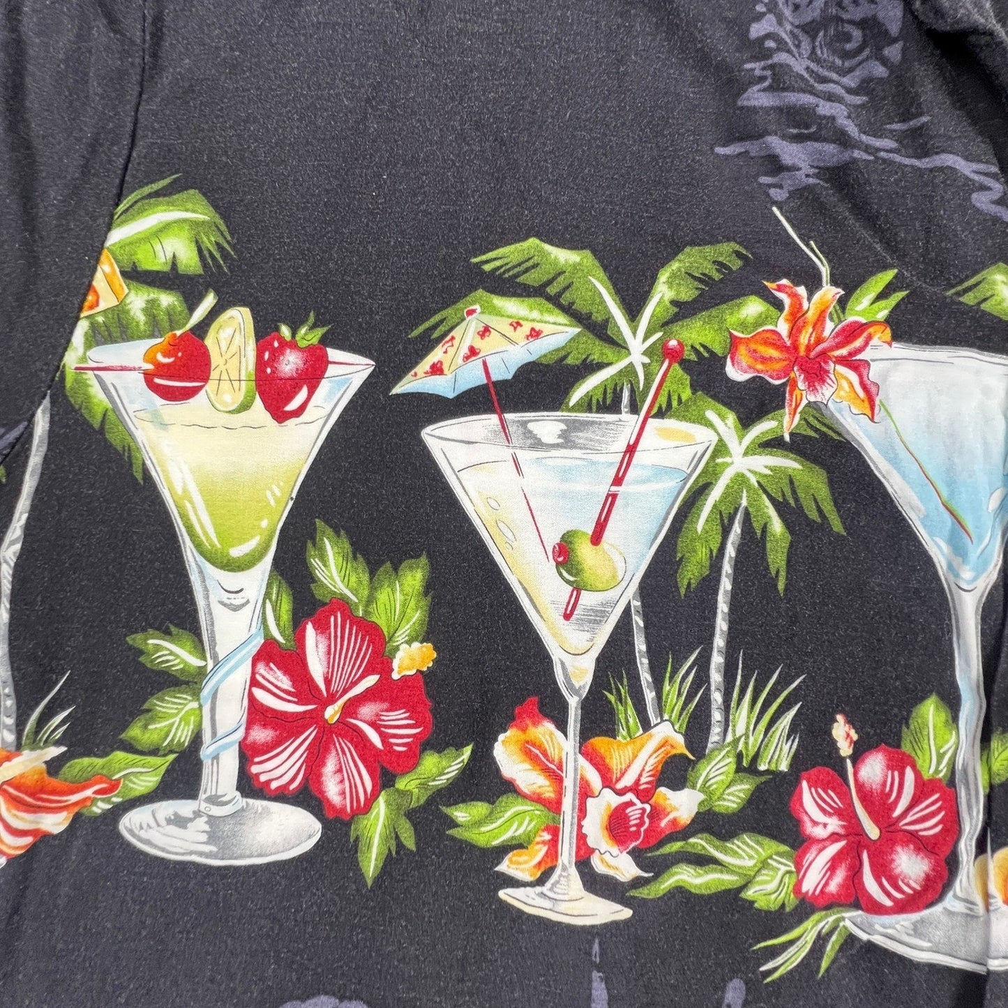 Paradise Found Button Up Shirt XL Black Tiki Cocktail Tropical Hawaiian Aloha
