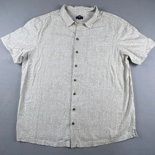 Hawaiian Button Up Shirt Mens 2XL Tan Geometric Tribal Print Casual Summer