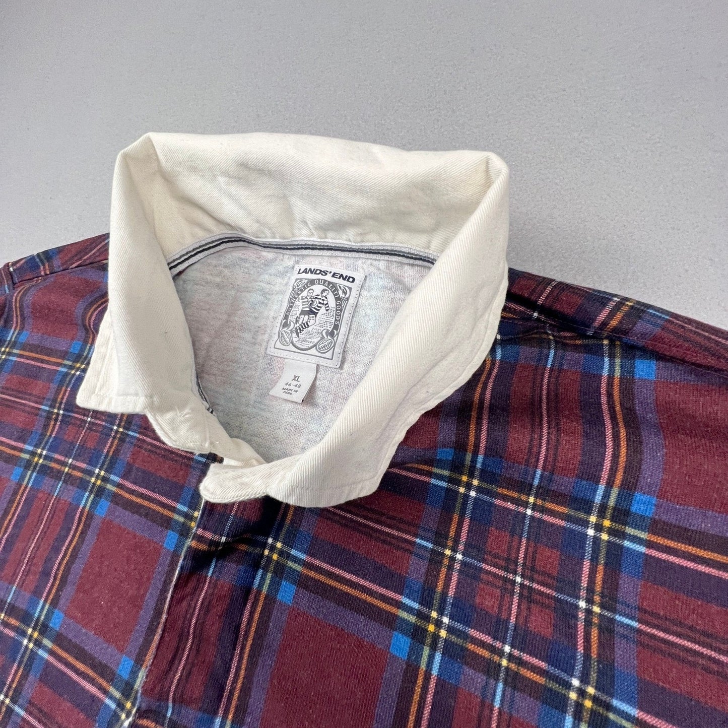 Lands' End Rugby Shirt Mens XL Burgundy Plaid Long Sleeve Cotton Preppy Classic