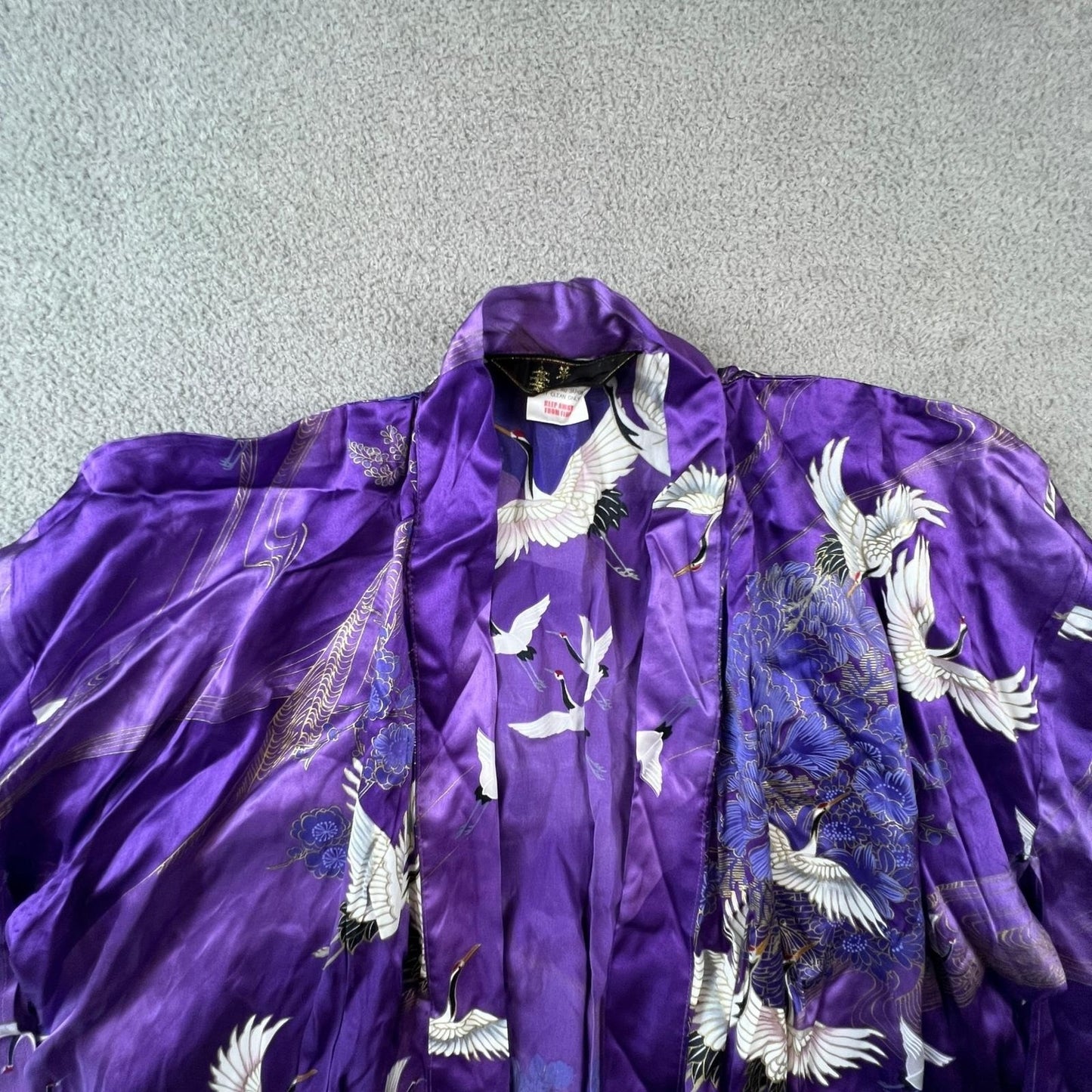 Japanese Silk Kimono Robe Purple Crane Floral Print Made in Japan OS Vintage