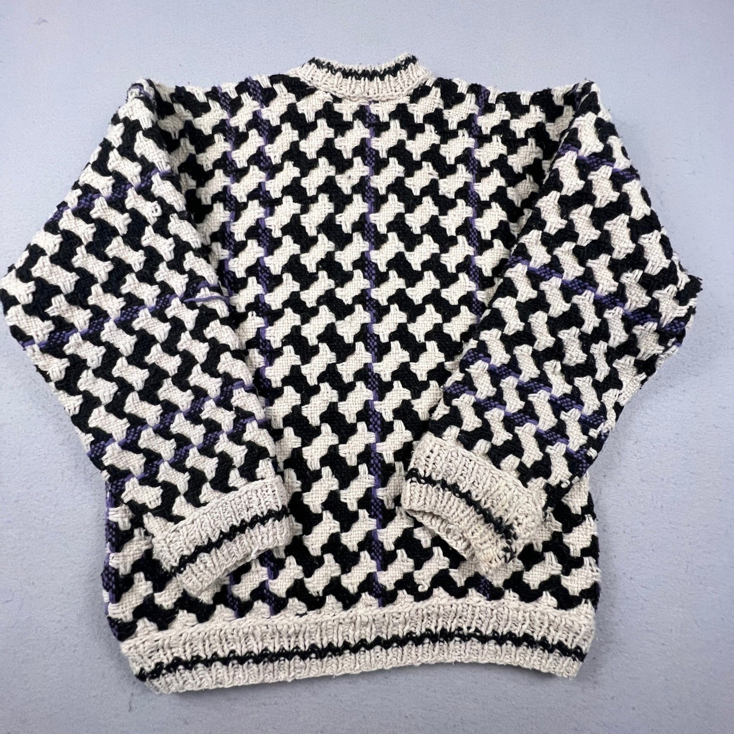Vintage Houndstooth Hand Knit Sweater Mens XL Black White Pullover Chunky Warm