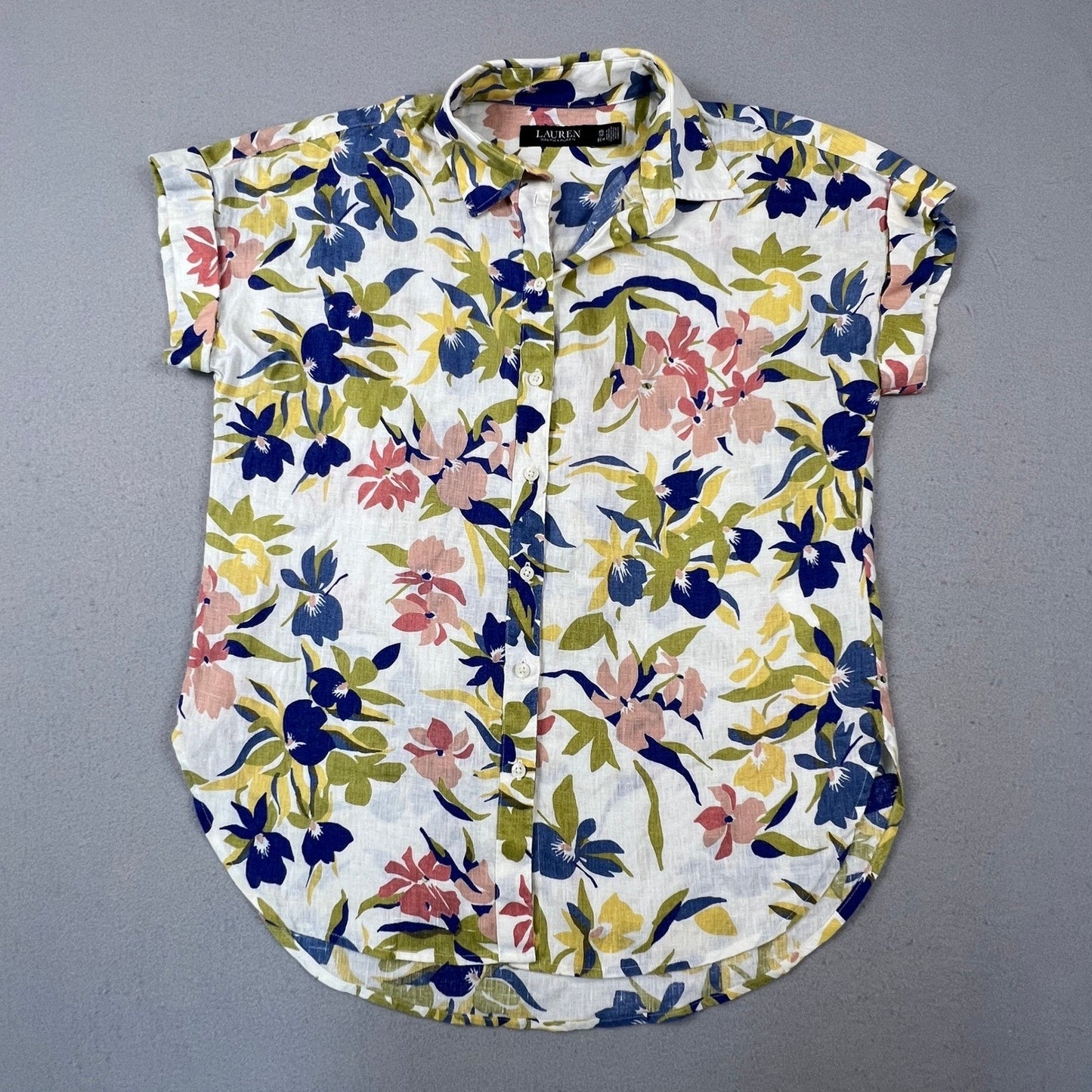 Lauren Ralph Lauren Button Down Shirt Womens XS Multi Floral 100% Linen Tropical