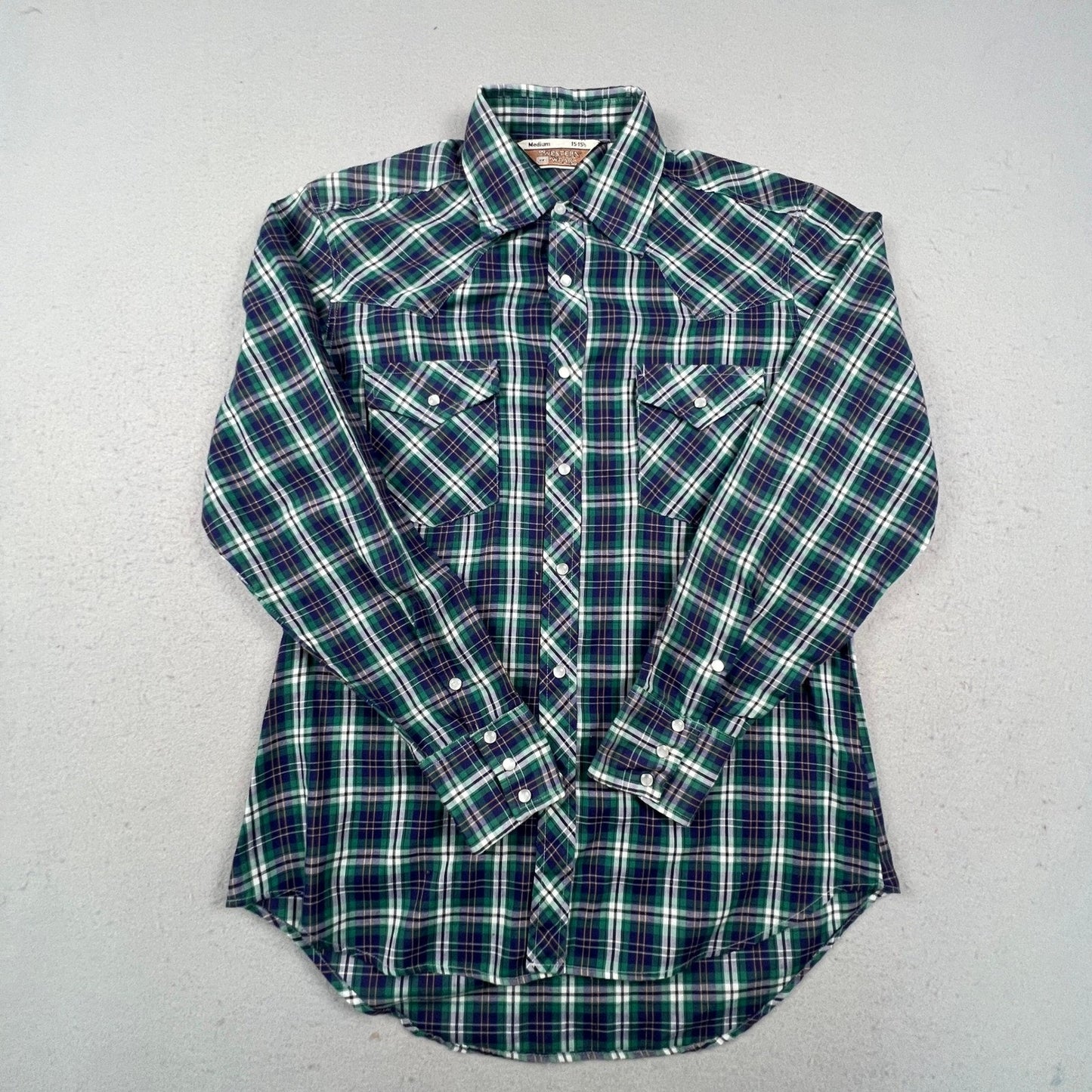 Sears Western Wear Pearl Snap Shirt Mens Medium Green Plaid Vintage Cowboy Yoke
