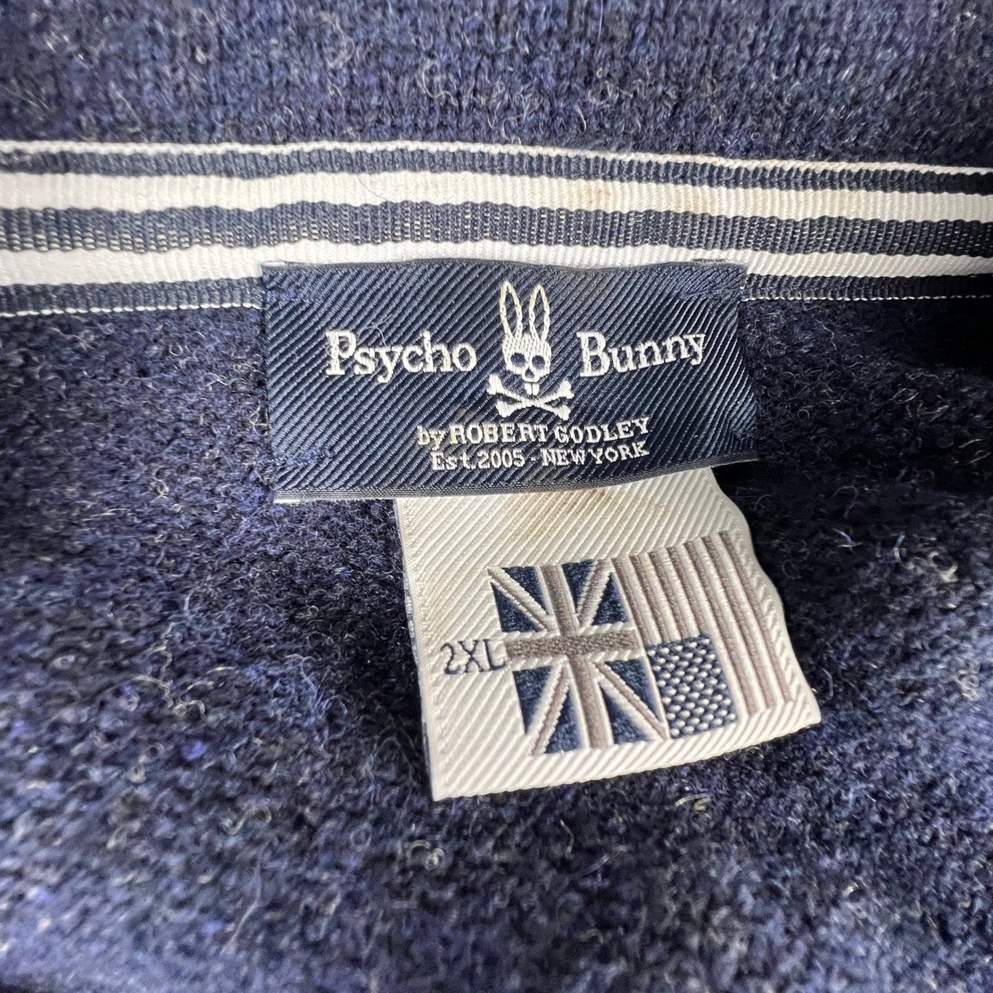 Psycho Bunny Cardigan Sweater Mens 2XL Navy Blue Wool Logo Shawl Preppy Academia