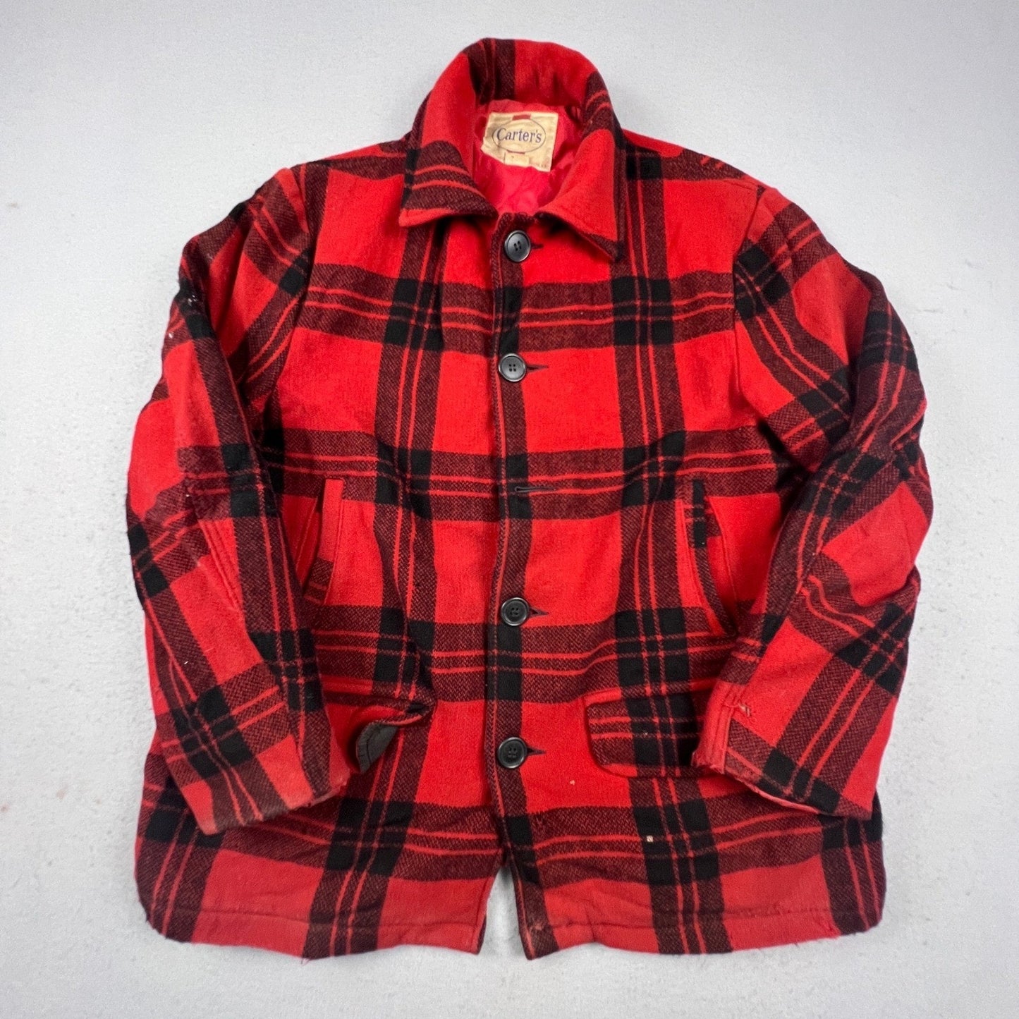 Vintage Carters Hunting Jacket Mens 44 Red Plaid Wool Buffalo Check Cruiser Coat