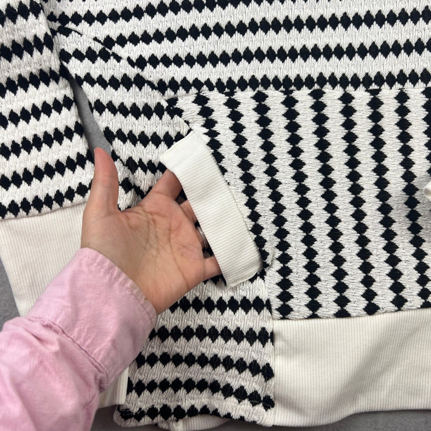 Oversized Knit Hoodie Womens Black White Geometric Henley Coastal Pullover