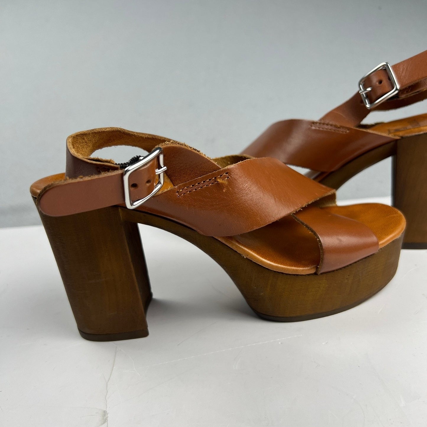 Brown Leather Wood Block Heel Boho Retro Platform Sandals Made in Italy Size 7