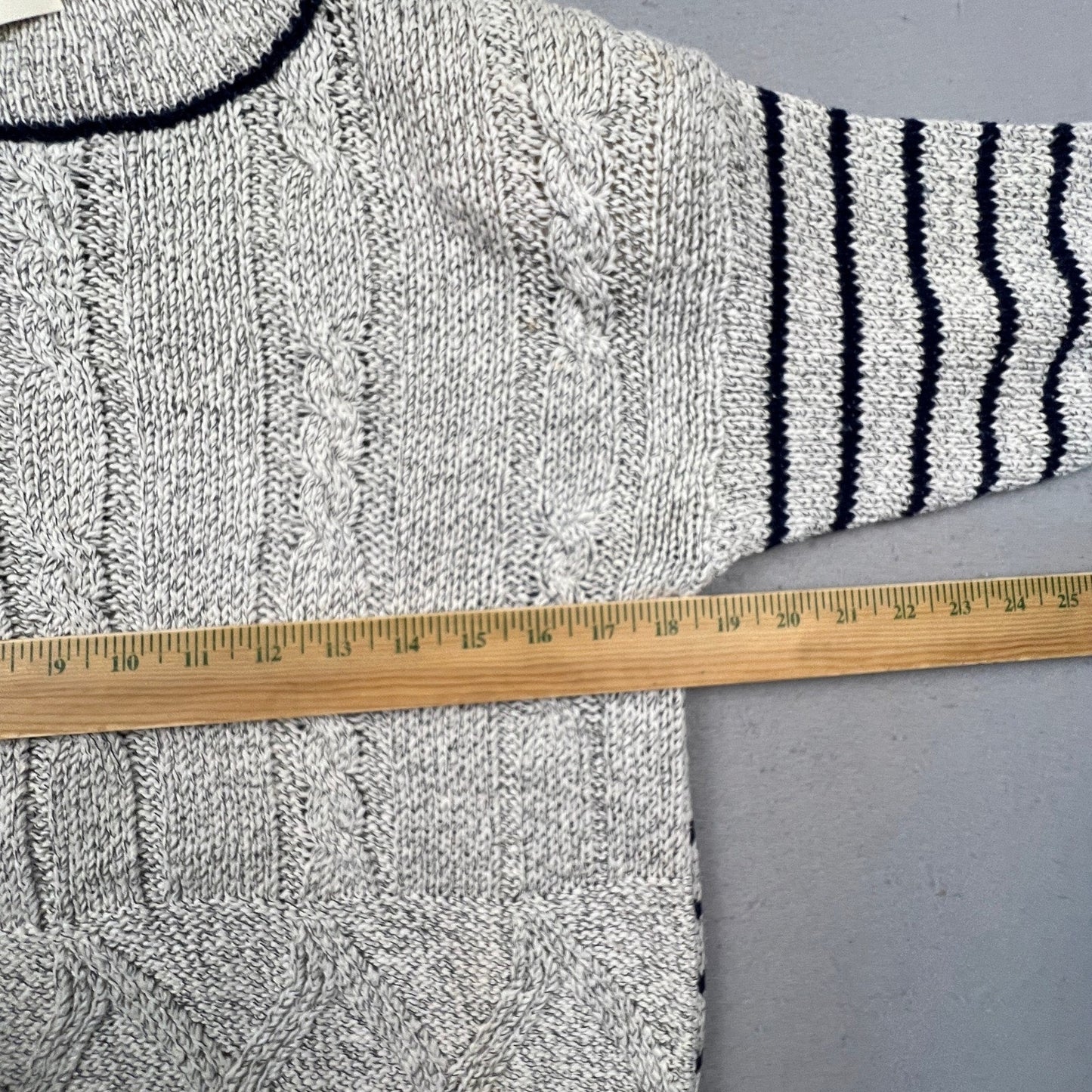 T.Q. Vintage Mock Neck Sweater Womens Small Grey Navy Striped Cable Knit Cotton