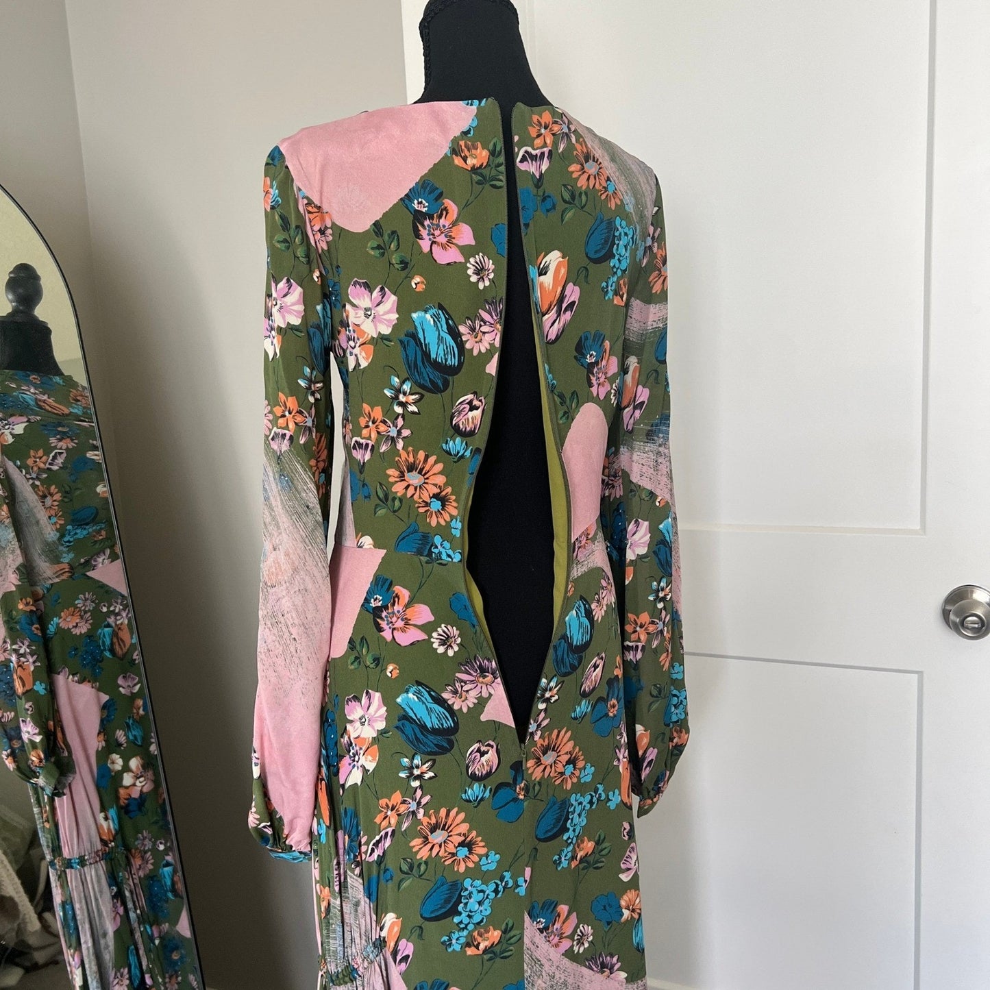 House of Holland Maxi Dress Womens 4 Green Floral Ruched Long Sleeve Boho Gown