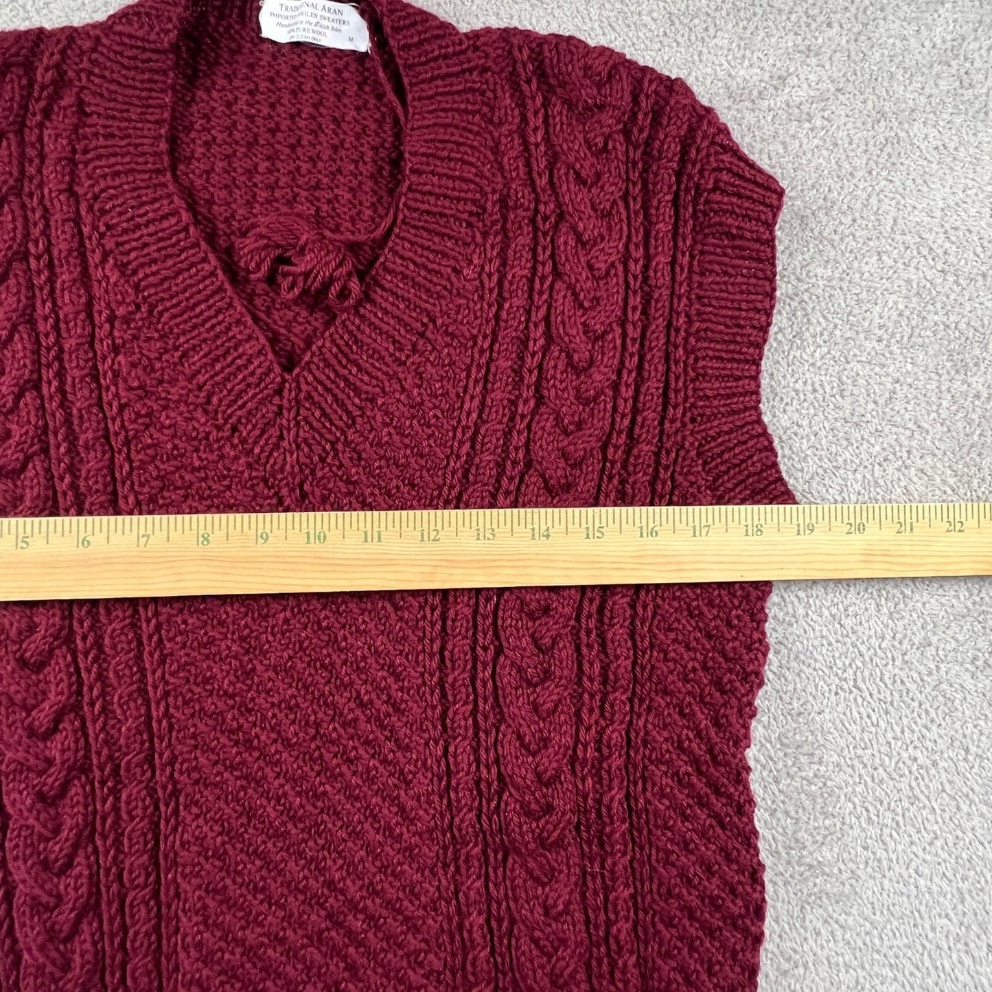 Vintage Aran Handknitted Wool Sweater Vest Women's M Burgundy V-Neck Cable Knit