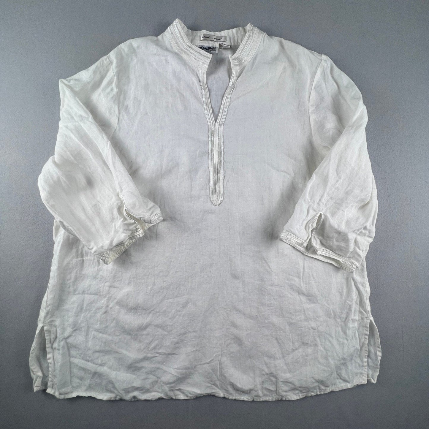 100% Linen Edward Woman Tunic Men 2X White Irish Embroidered V-Neck Beach Coastal