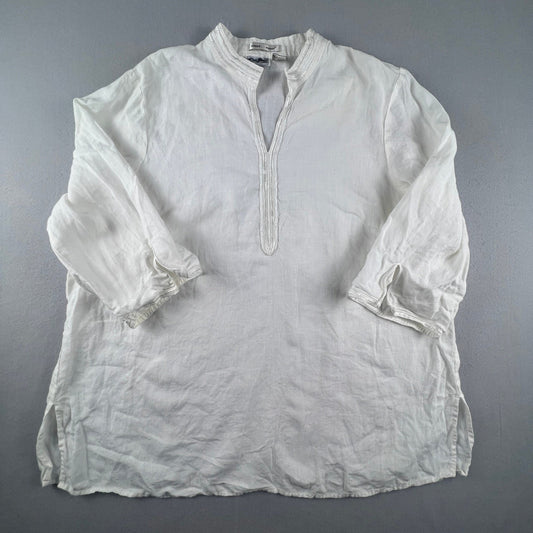 100% Linen Edward Woman Tunic Men 2X White Irish Embroidered V-Neck Beach Coastal