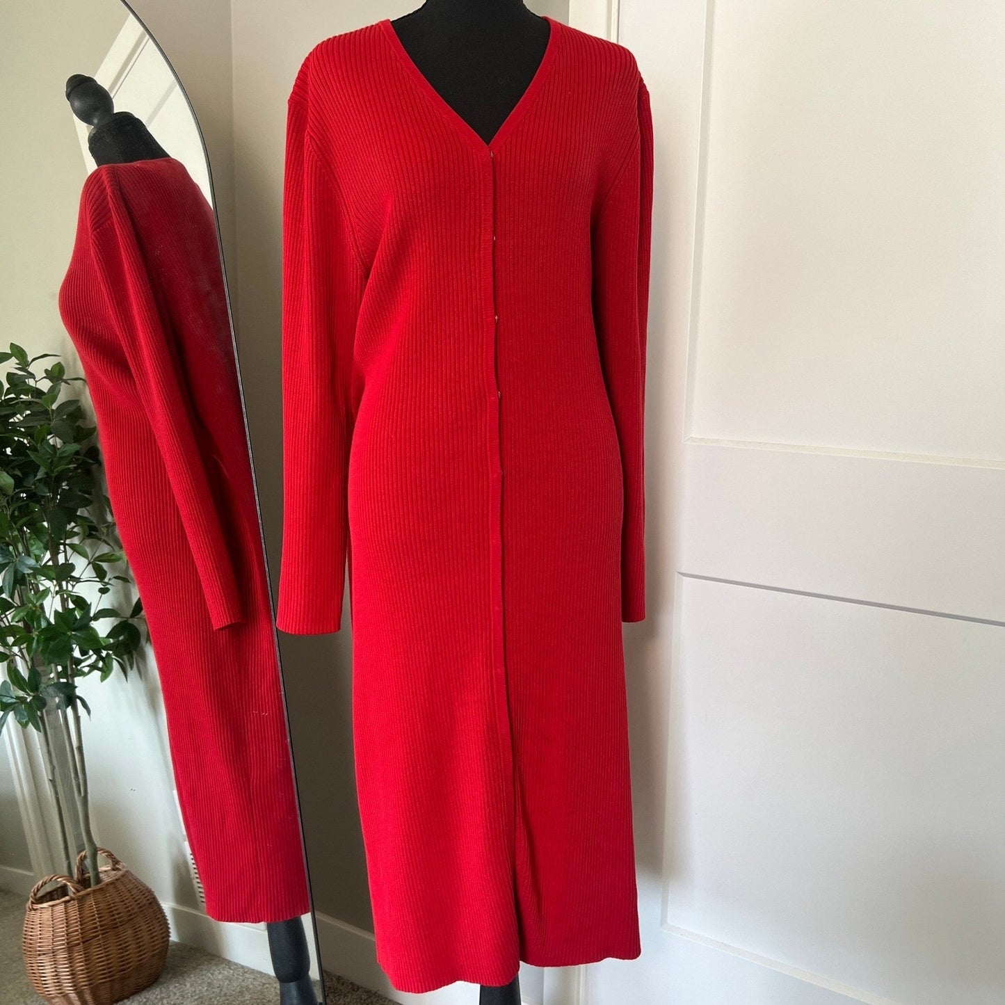 Cardigan Dress Womens XL Red Ribbed Knit Longline Midi Button Front Willi Smith
