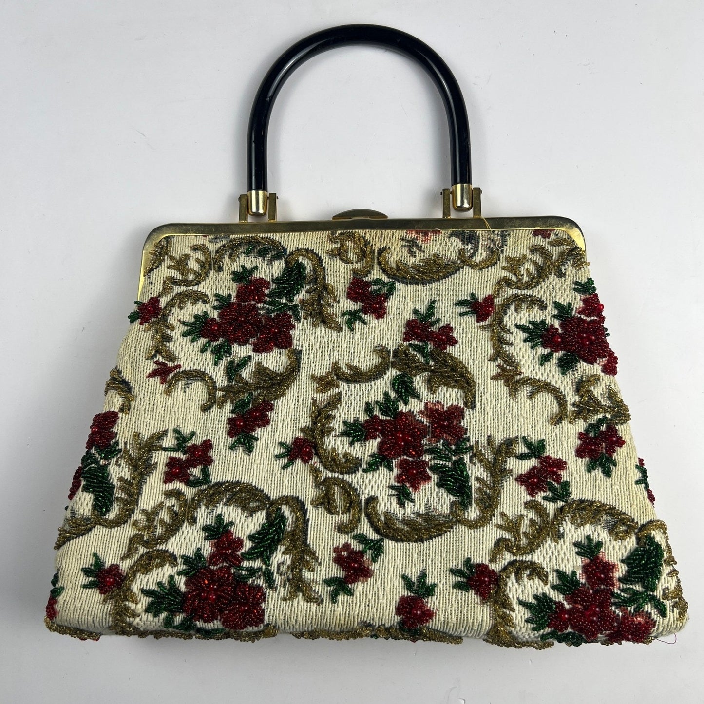 Vintage 1950s Beaded Tapestry Handbag Floral Lucite Handle MCM Evening Purse