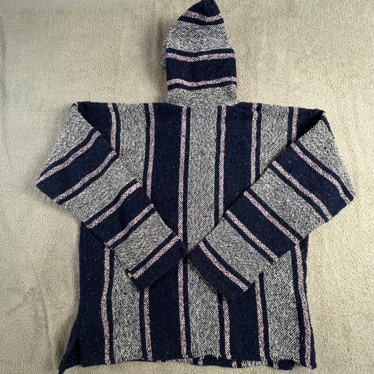 Senor Lopez Mexican Baja Hoodie Navy Blue Pink Striped Rug Pullover Large