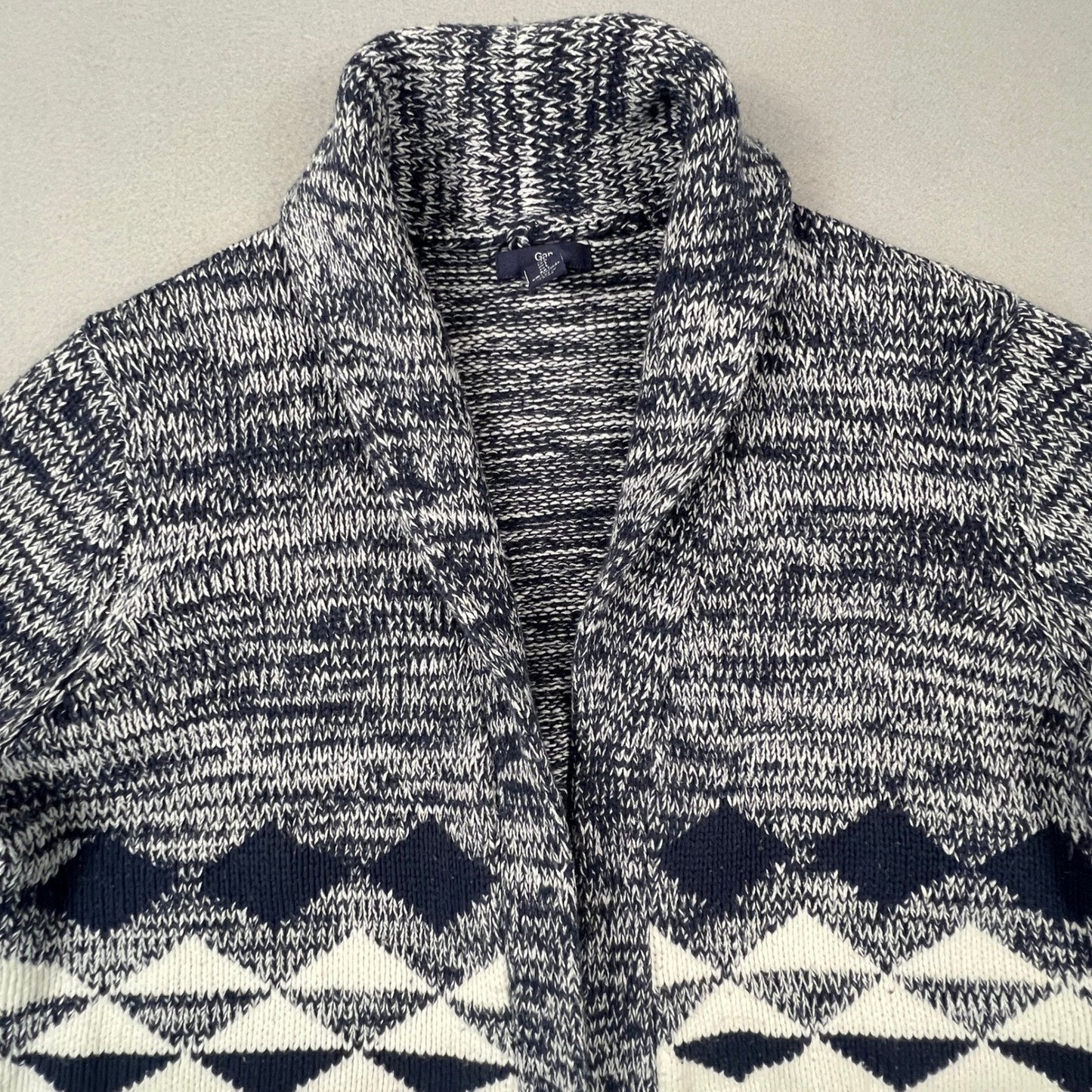 Gap Cardigan Sweater Womens Large Blue White Geometric Fair Isle Shawl Knit Cozy