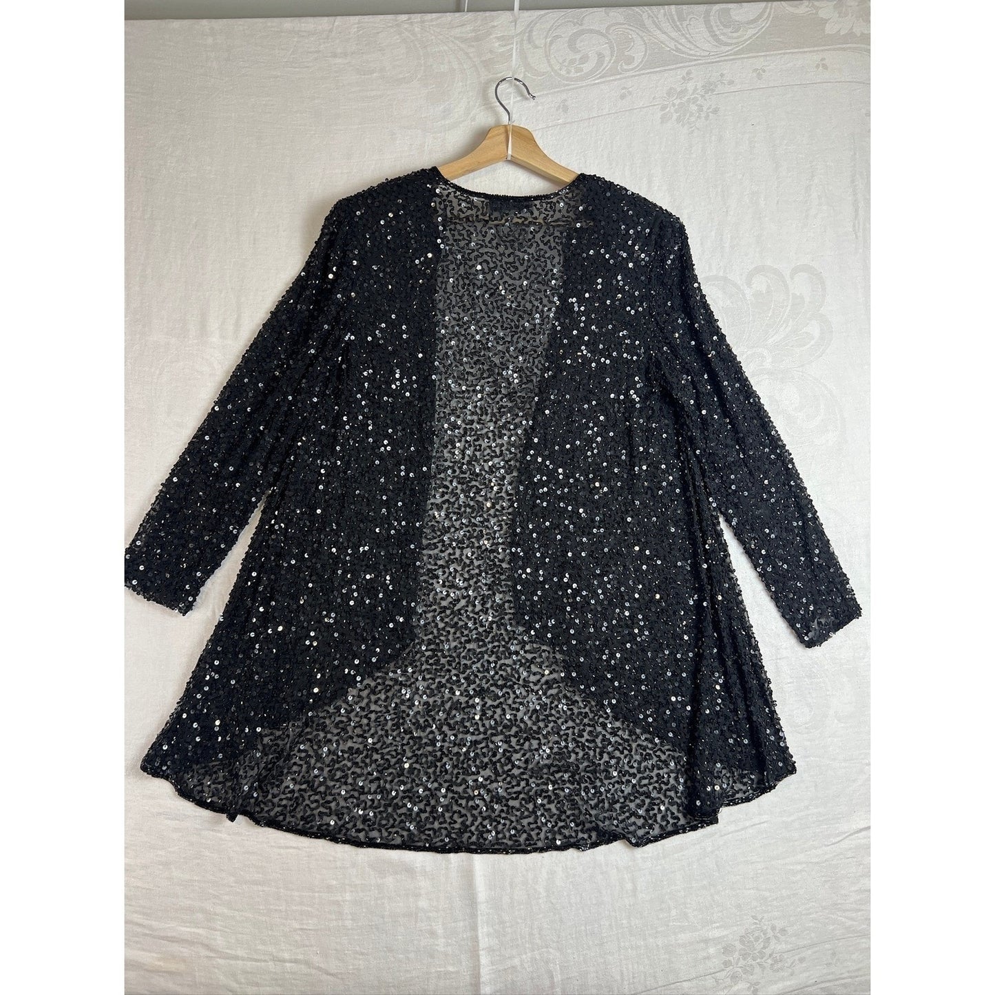 Silk Sequin Cardigan Adrianna Papell Women Small Evening Black Sheer Open Jacket