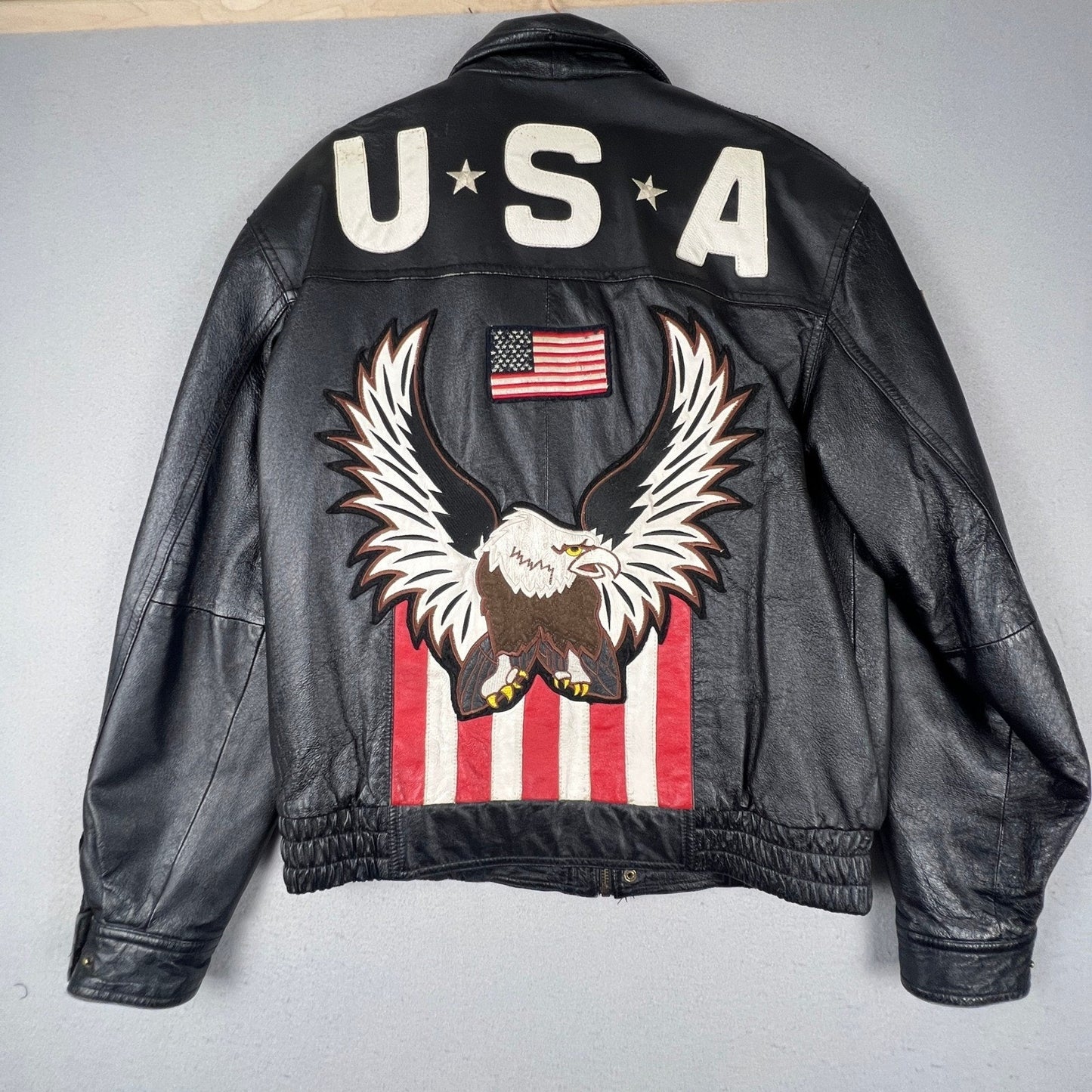 Leather Bomber Jacket Mens L Black USA Eagle Patriotic Biker Vintage Rocker