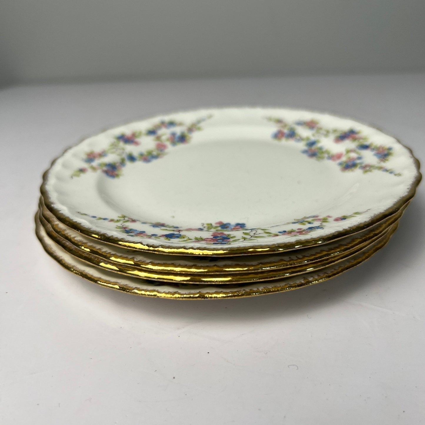 VTG 50s Pope-Gosser Blue Bell Bread Plates Set of 4 White Gold Trim Grandmacore
