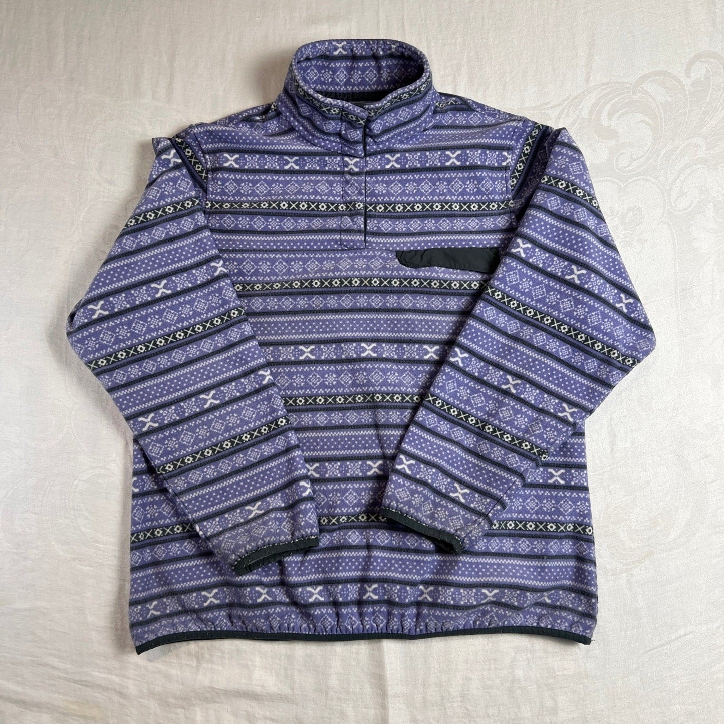 Fair Isle Fleece Mens XL Pullover Snap Neck Cabin Sweater Purple JACHS