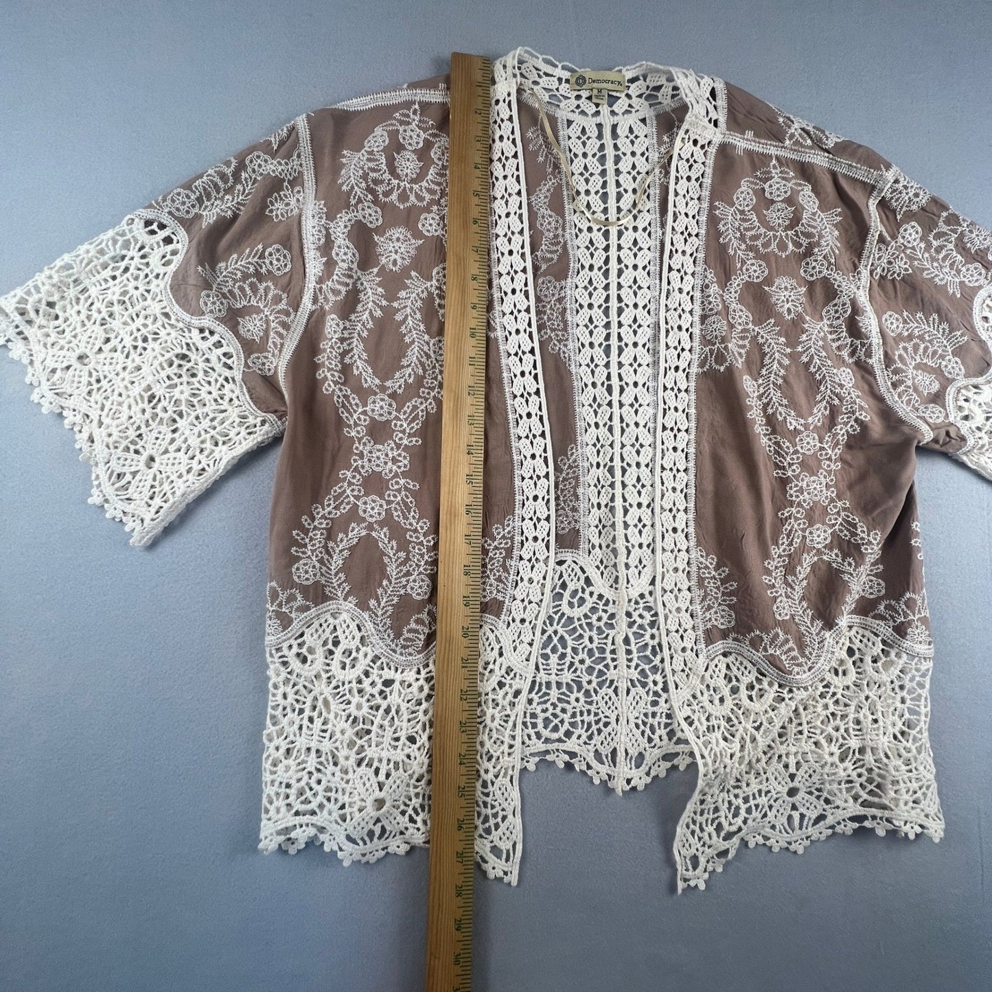 Crochet Lace Kimono Cardigan Womens M Brown Embroidered Boho Sheer Layer