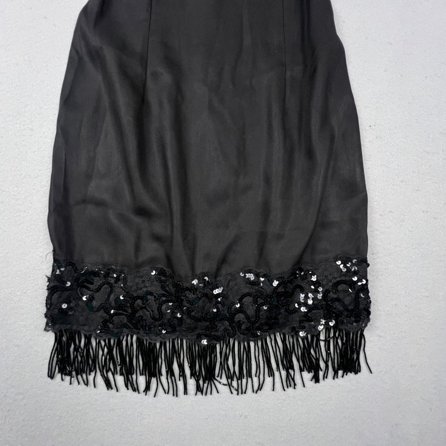 VTG 90s Roberta Mini Dress Small Black Sequin Fringe Lace Spaghetti Strap Party