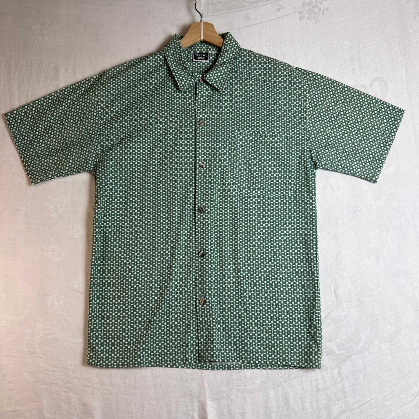 PRIMAL URGE Shirt Mens Extra Large Green Geometric Short Sleeve Button Up Shirt