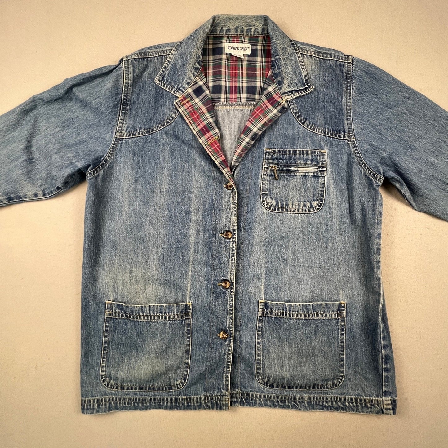 VTG Style Cabin Creek Denim Chore Jacket Womens XL Blue Plaid Lined Barn Coat