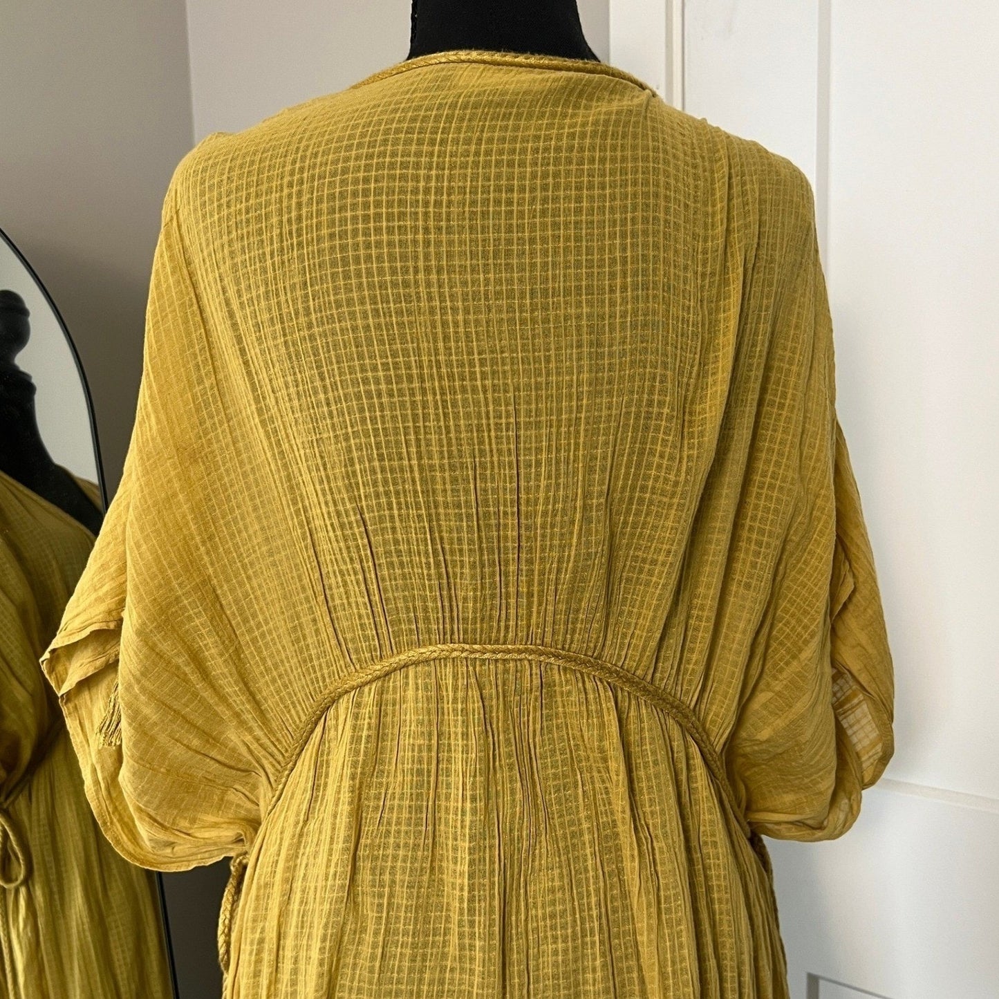 Zara Maxi Dress Womens M Yellow V-Neck Textured Tassel Boho Beach Kaftan