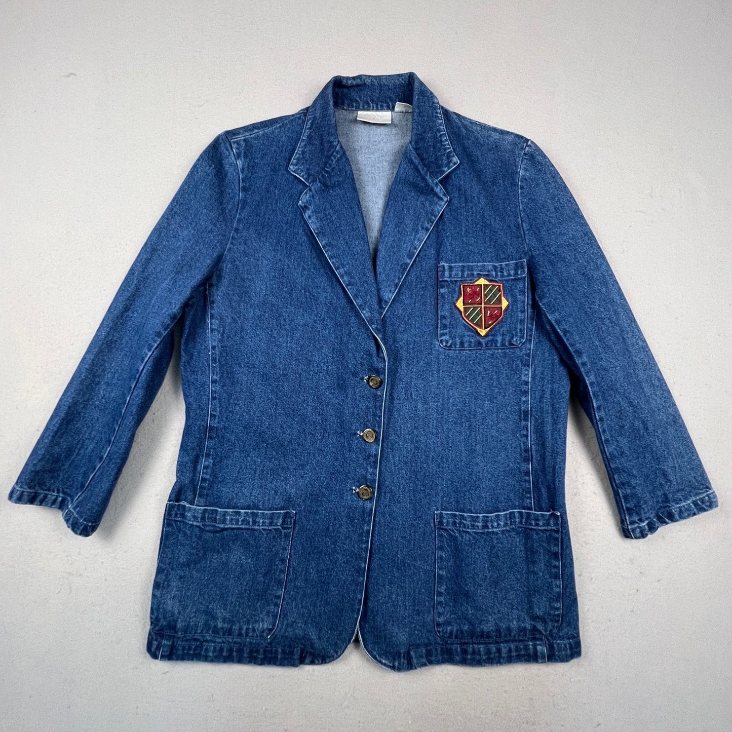 Spiegel For You Denim Blazer Women 1X Crest Patch Preppy VTG Jacket Academia