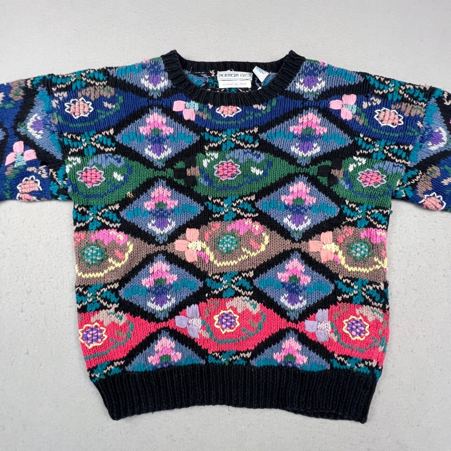 Northern Isles Sweater Womens Small Multi Diamond Floral Hand Knit Vintage 90s