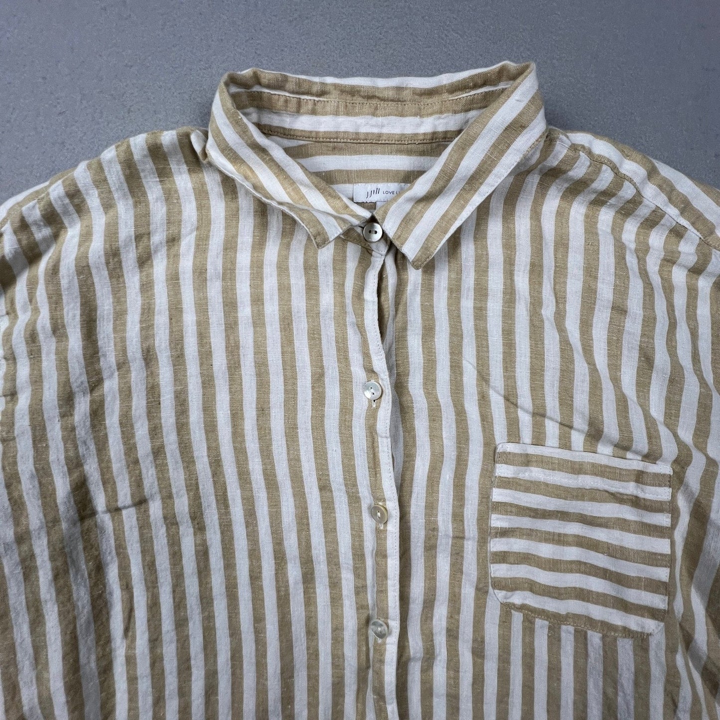J. Jill Love Linen Button Down Shirt Womens Medium Tan Striped Coastal Classic