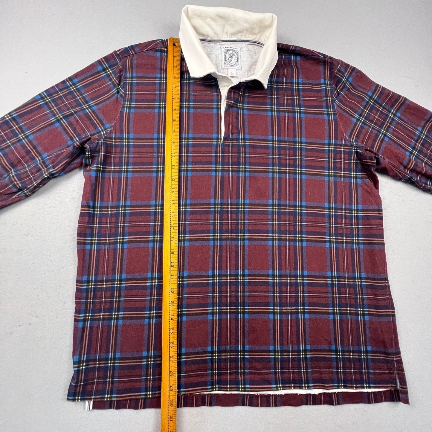Lands' End Rugby Shirt Mens XL Burgundy Plaid Long Sleeve Cotton Preppy Classic