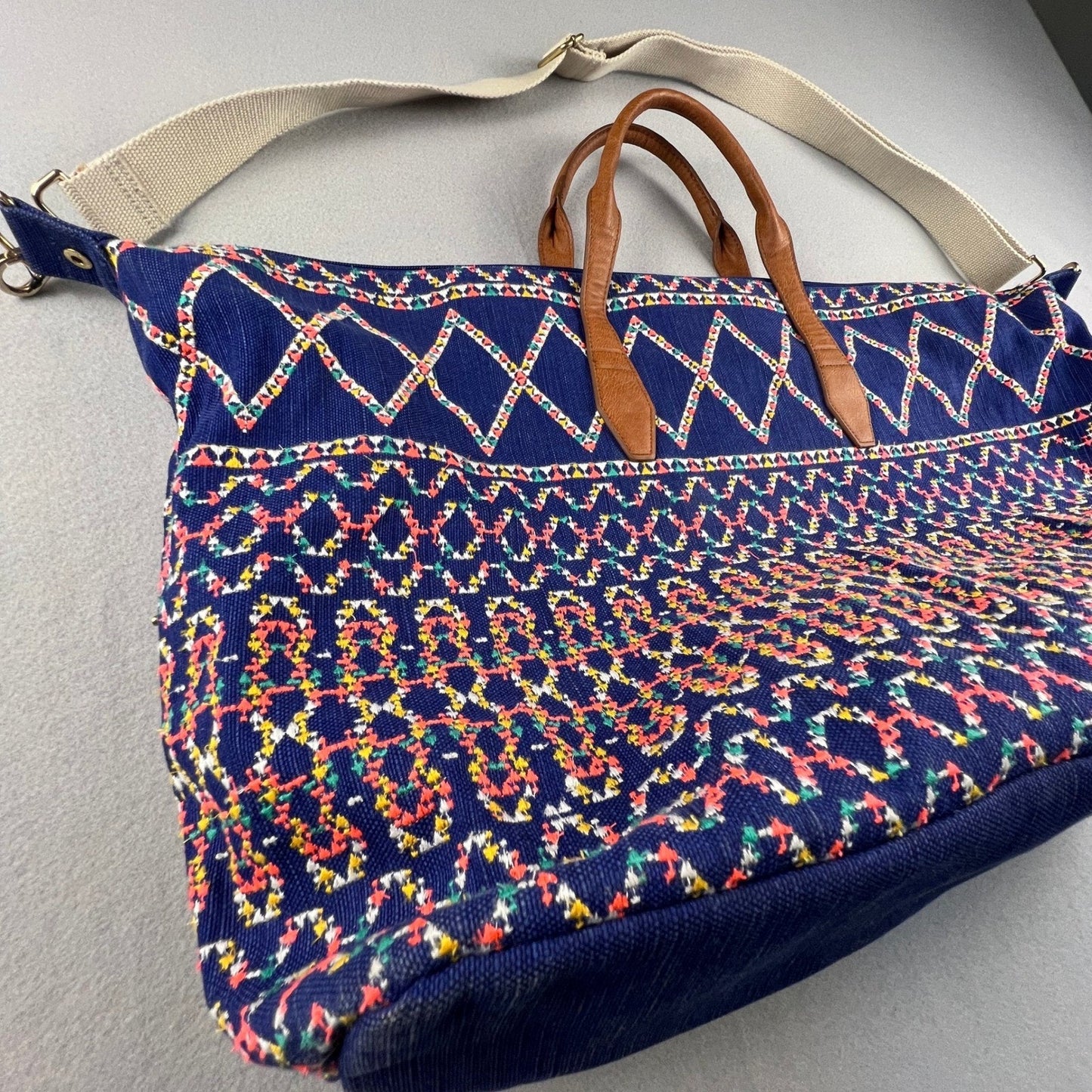 Boho Weekender Travel Bag Large Blue Embroidered Geometric Tote Carry On