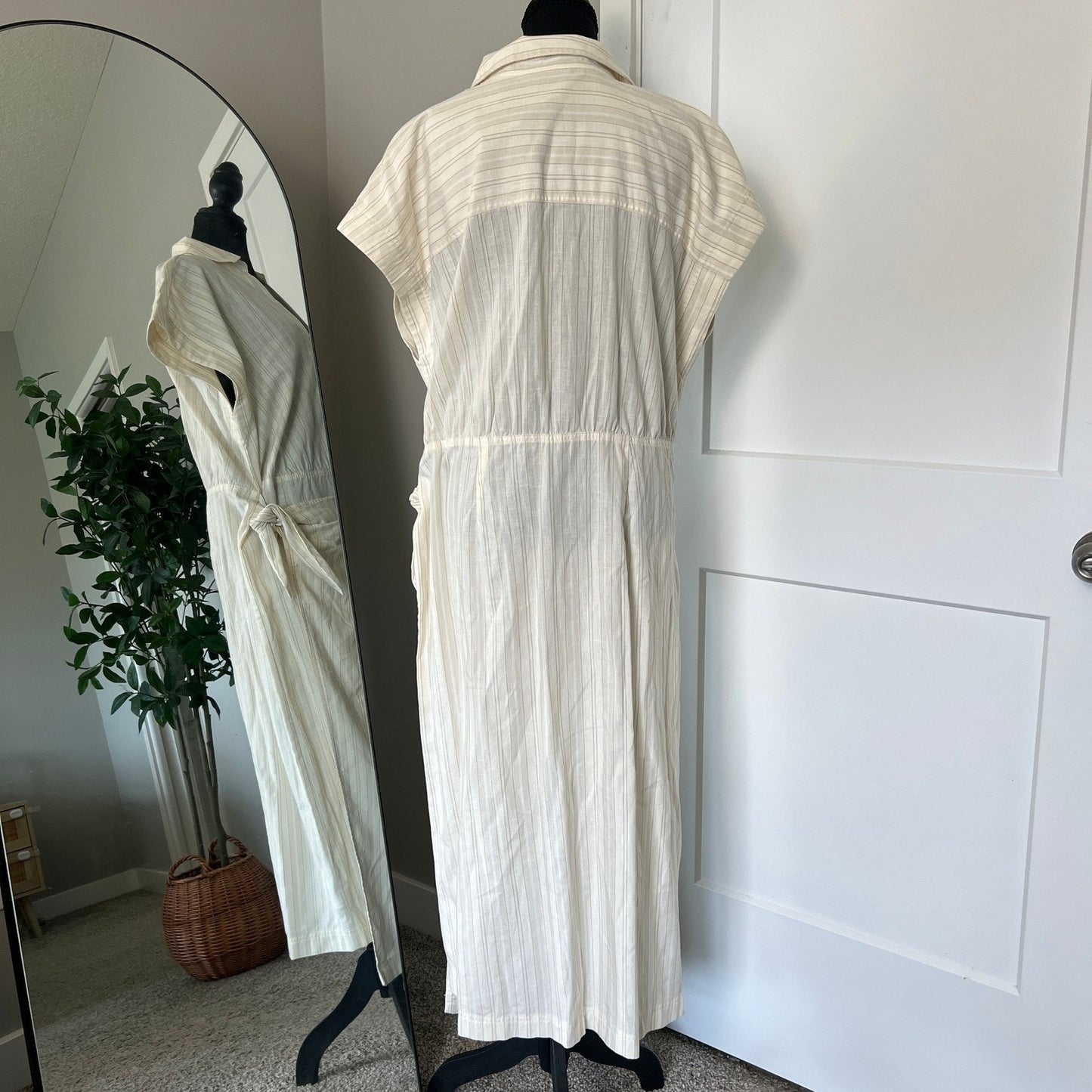Midi Dress Womens L Cream Pinstripe Wrap Tie Cotton Casual Universal Thread