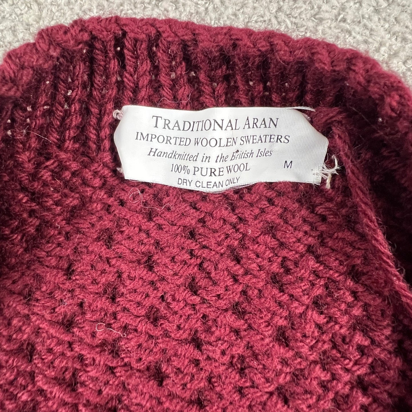 Vintage Aran Handknitted Wool Sweater Vest Women's M Burgundy V-Neck Cable Knit