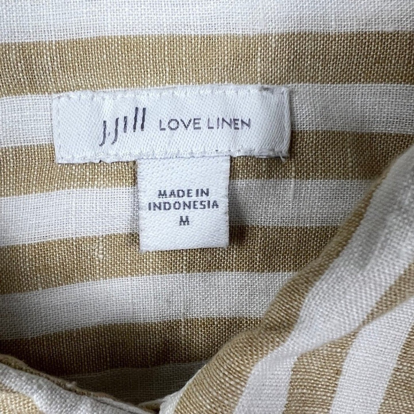 J. Jill Love Linen Button Down Shirt Womens Medium Tan Striped Coastal Classic