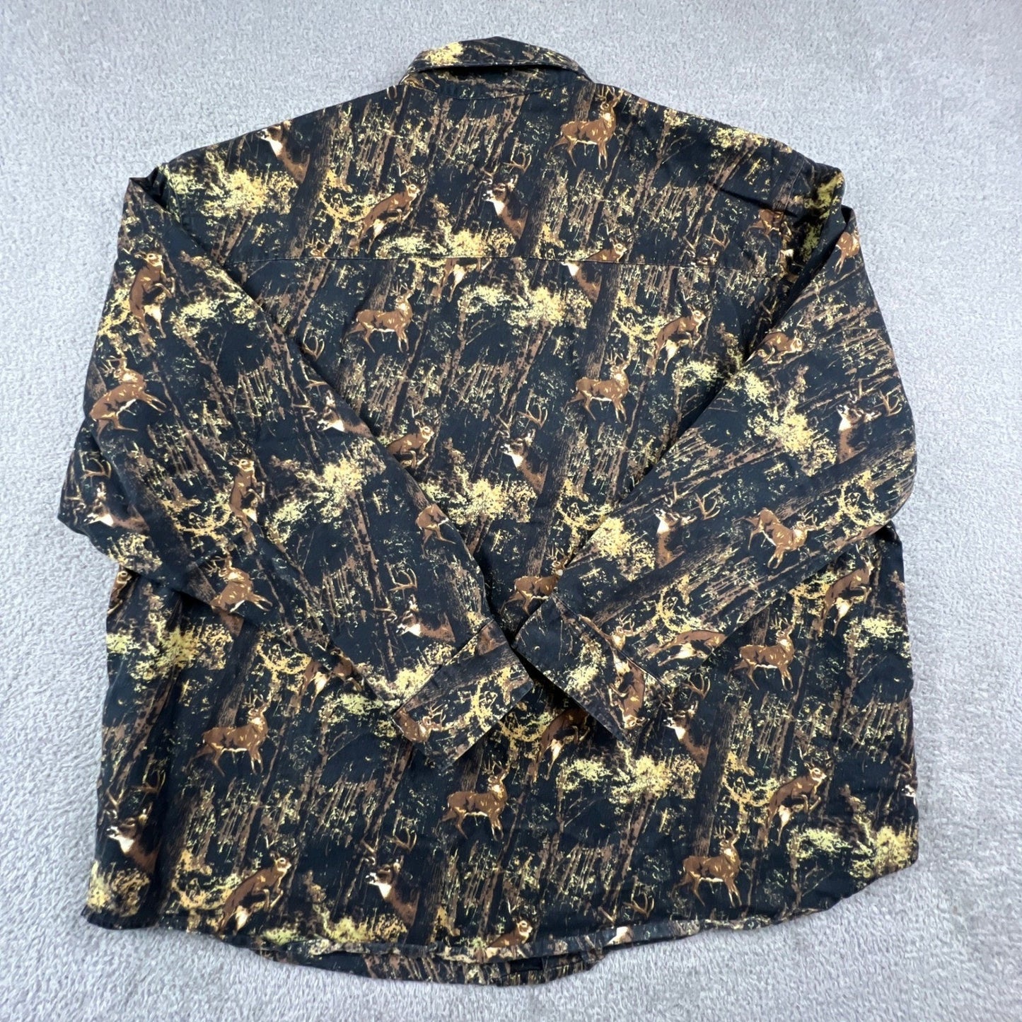 Mens XXL Deer Forest Print Cotton Button Down Shirt Hunting Brown Buckhorn River